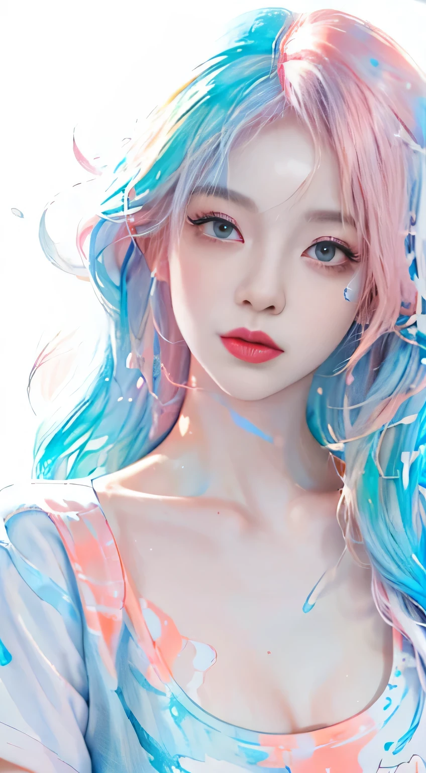 (masterpiece, best quality, High resolution), White background, acrylic paint, ((color splash, Splash ink, color splash)), sweet chinese girl, Long light blue hair, [light blue|Pink] hair, Curly hair, flash, peach lips, White shirt, front, Upper body