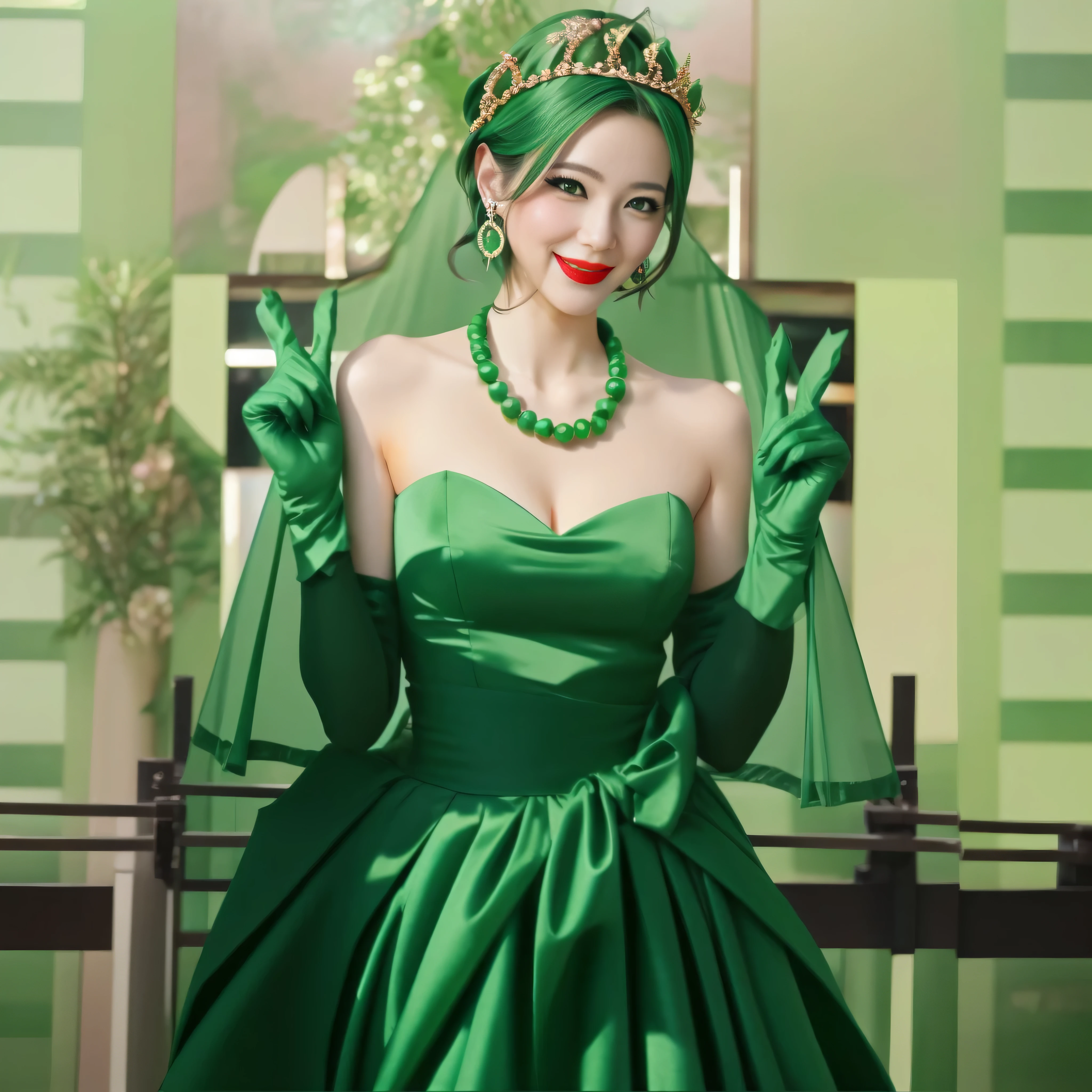 Beautiful Japan woman in her 30s， finger details， beautiful hands，emerald tiara, green pearl necklace, Boyish green berry short hair, lipstick, smiling Japanese woman, very short hair, big breasts beautiful, green eyes, green satin long gloves, green eyes, emerald earrings, green veil, V sign