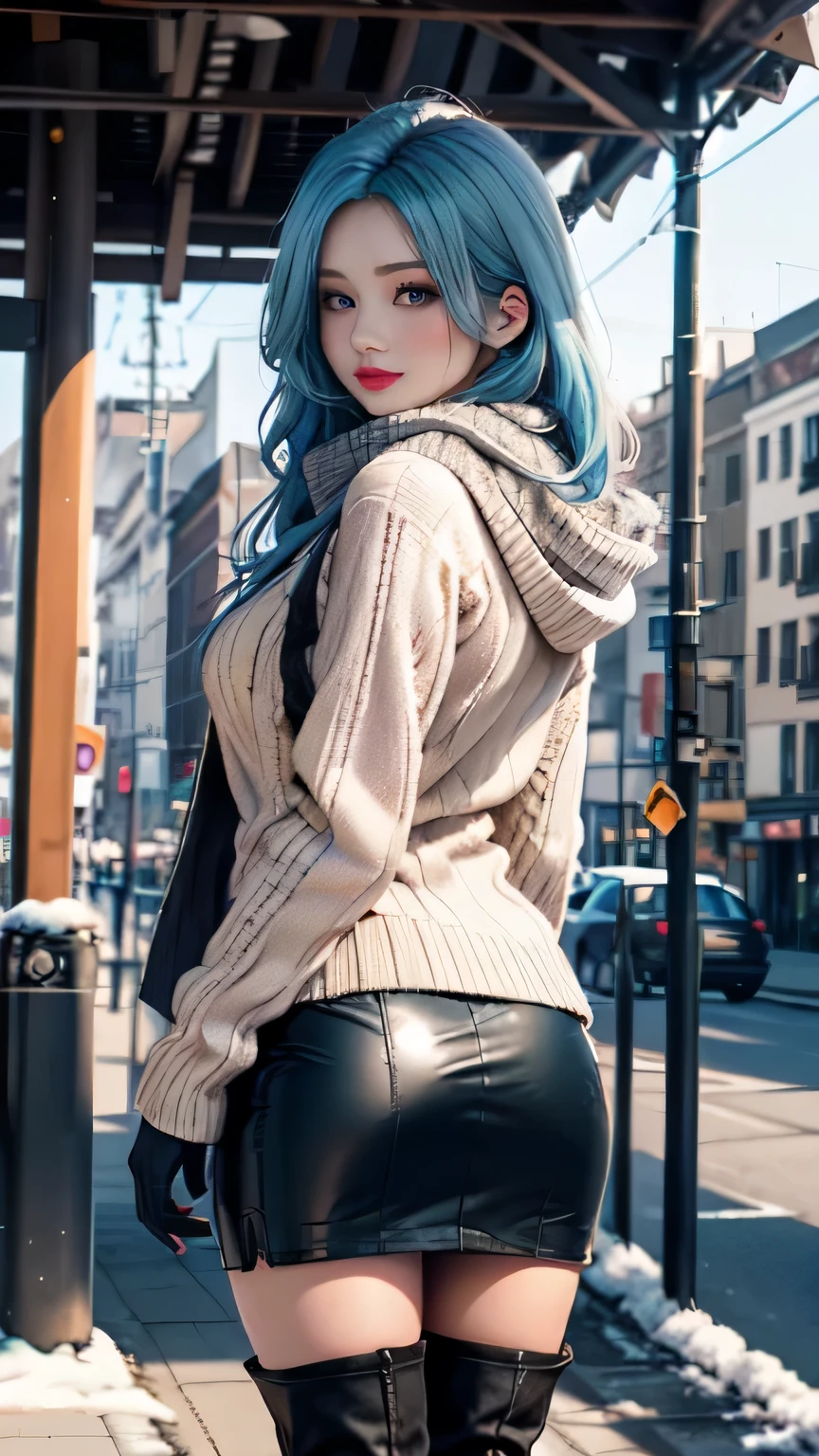 Masterpiece, raw,  beautiful art, professional artist, 8k, art style by sciamano240, very detailed face, very detailed hair, 1 woman, perfectly drawn body, beautiful face, long hair, light blue hair , very detailed blue eyes , rosey cheeks, intricate details in eyes, playful smile, looking directly at viewer , in love with viewer expression, lipstick, wearing cute winter clothes, winter coat, gloves, sweater, scarf,  short pencil skirt, thigh boots, pantyhose ,sunny winter day, walking, pov with viewer, very close up on face, rear view