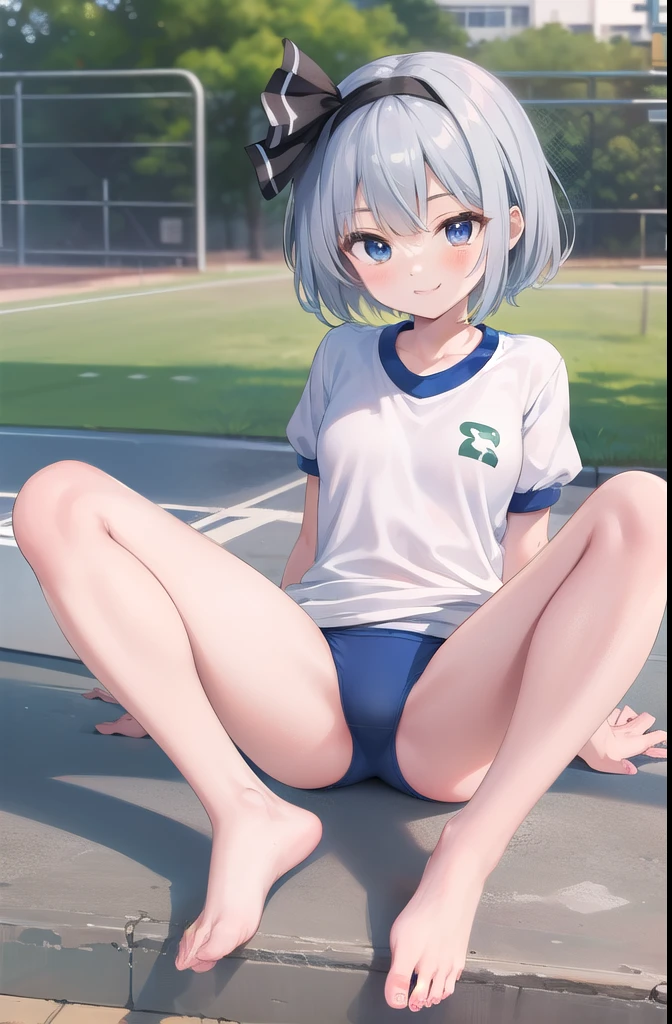 (((((whole body)))))、Youmu, This is a very cute gym uniform 、smile,、cowboy shot、barefoot、sitting、spread legs、
