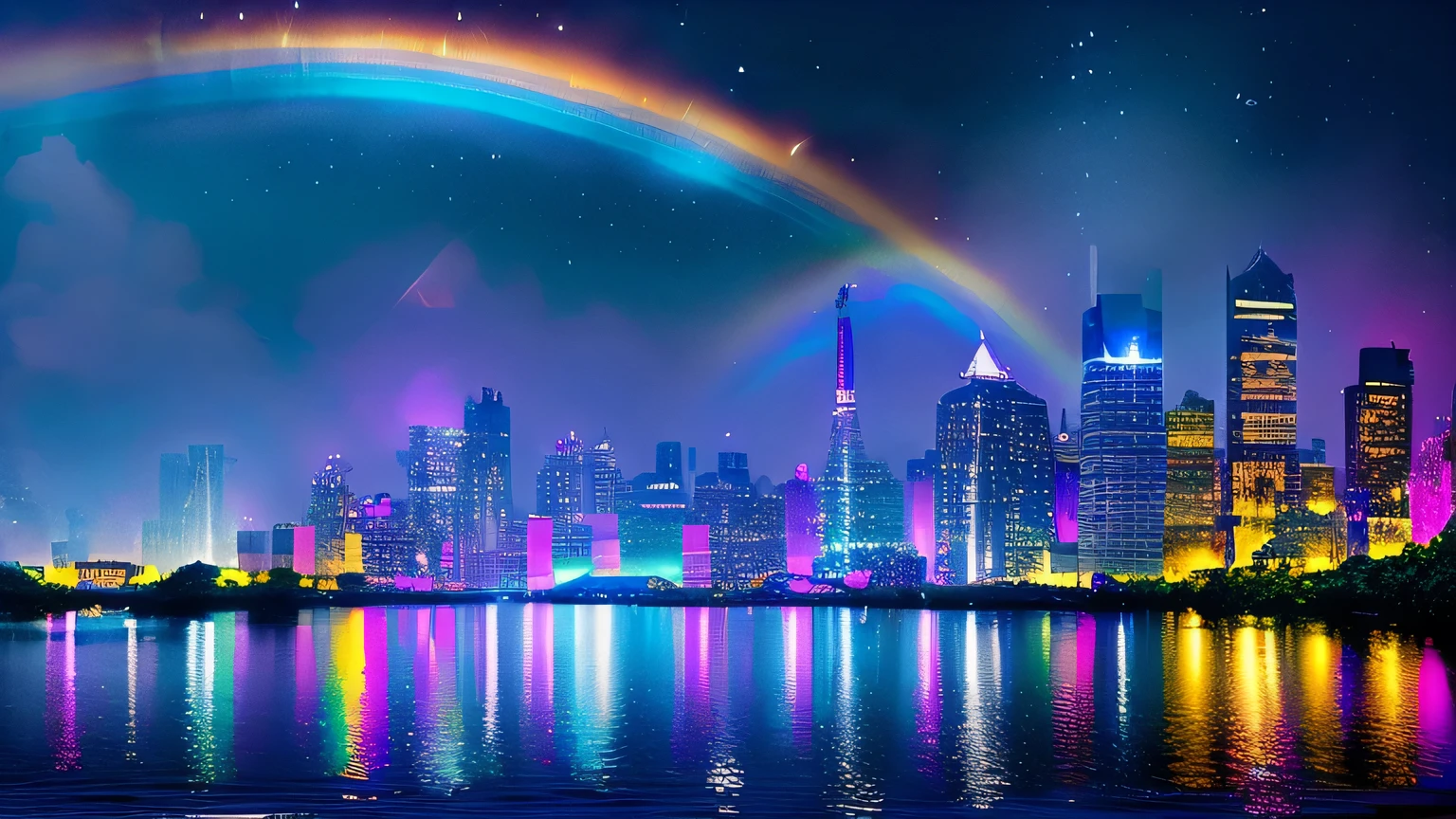 Colorful Metropolitan Museum of Art、虹of空に星と月ofある川of絵、of、shining Skyscrapers、shine all over、Skyscraper、Concept art inspired by Mitsuoki Tosa、Pixiv contest winners、highest quality、fantasy art、美しいアニメofシーン、bright moon、月明かりに照らされた星of環境、夢of絵、anime background art、fantasy landscape painting、ファンタジーof騎士、anime background artwork、great art、雰囲気ofあるアニメ、starry sky、Detail has been enhanced。