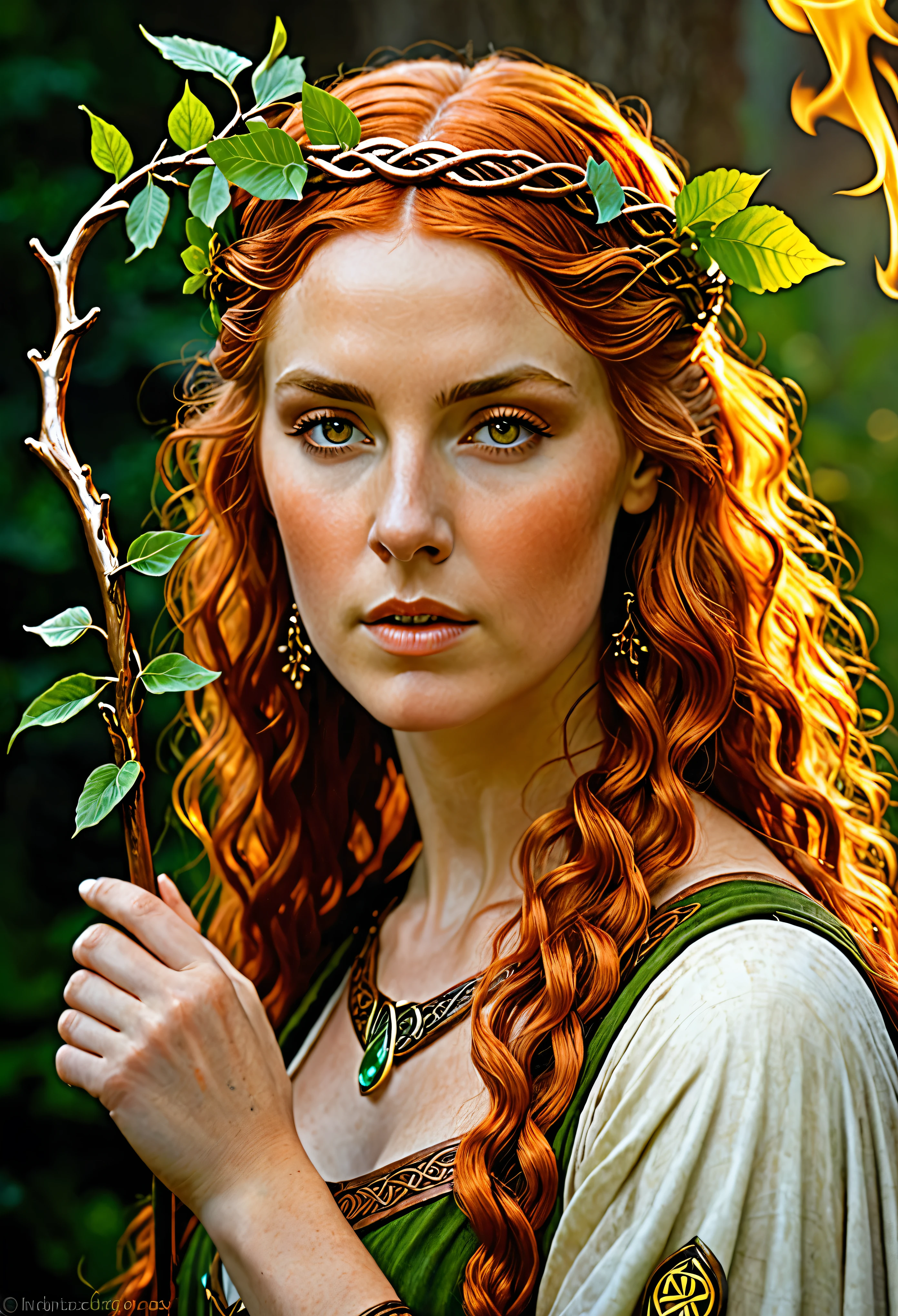 ((Renaissance-work))), Celtic goddess Brigit with copper-colored hair holding a branch of wild slur, flame on top of her head, high quality, ultra-realistic details, perfect lighting, rich texture, vivid painting.