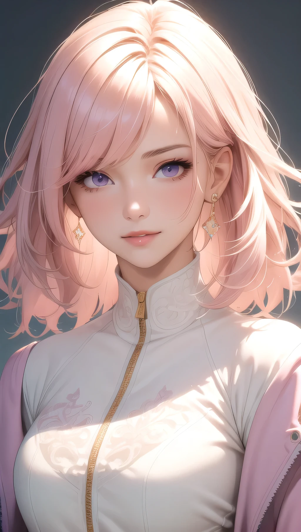 (masterpiece, best quality), intricate details, thin, ((slim)), beautiful girl, Light pink hair, white skin, light purple eyes, sharp jawline, cropped jacket, messy hair, lips, upper body, close up, smirk