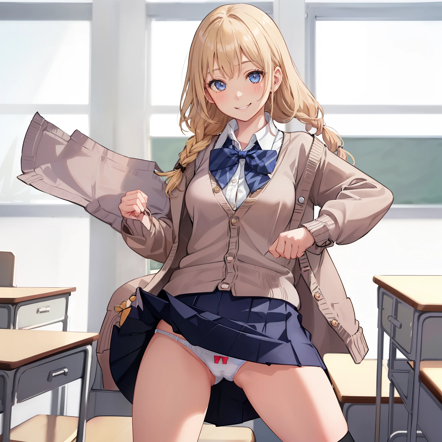 ((1 girl))、(smile:1.5)、small breasts、(cowboy shot)、(fun!!)、(白いcardigan:1.5)、(blonde)、blush、(single braid)、(eye highlights:1.3)、blake black shoes,(黒いskirt)、bow, button, shirt with collar, long sleeve, ((red bow tie, , black jacket, open jacket, cardigan, white shirt, 黒のskirt, チェック柄のskirt、white socks)),, shirt,, skirt, socks, thighs, white shirt, Rest indoors, ((classroom:1.5))、 BREAK while watching the audience、(skirtを掴む:1.0)、 (perfect hands, perfect anatomy),cowboy shot、(skirtlift:1.3),(highly detailed white panties:1.3)、(highly detailed panties:1.3)、、(skirt that rolls up:1.3)、(fully exposed panties:1.5)、blue eyes
