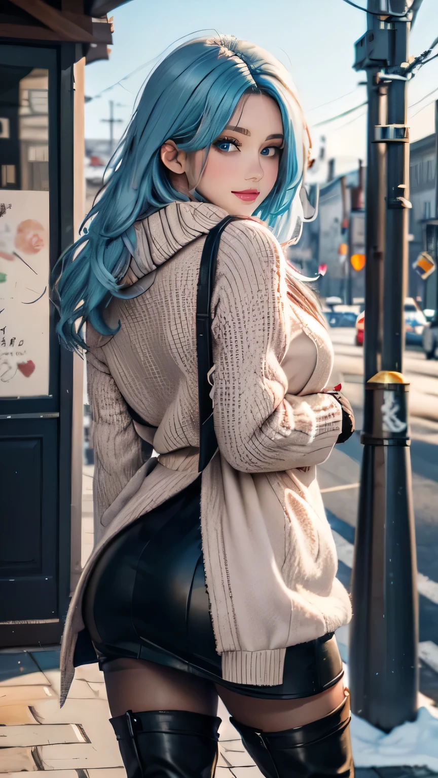 Masterpiece, raw,  beautiful art, professional artist, 8k, art style by sciamano240, very detailed face, very detailed hair, 1 woman, perfectly drawn body, beautiful face, long hair, light blue hair , very detailed blue eyes , rosey cheeks, intricate details in eyes, playful smile, looking directly at viewer , in love with viewer expression, lipstick, wearing cute winter clothes, winter coat, gloves, sweater, scarf,  short pencil skirt, thigh boots, pantyhose ,sunny winter day, walking, pov with viewer, very close up on face, rear view