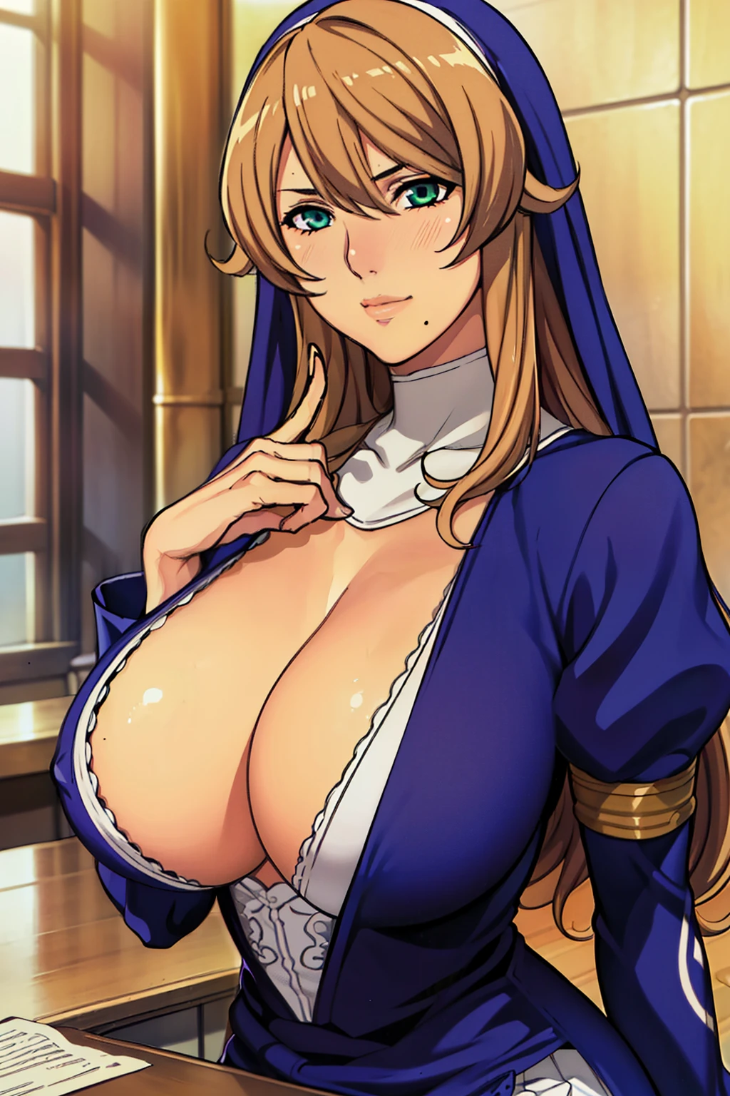 blue dress, black short skirt, classroom background, oda non style, anime cels style, green eyes, brown hair, best quality, high resolution, sexy pose, sitting on table, (huge breasts:1.4), cowboy shot, blush, embarrassed, smile, 1 girl, 20yo,Young female,Beautiful Finger,Beautiful long legs,Beautiful body, Beautiful Nose,Beautiful character design, perfect eyes, perfect face,expressive eyes, perfect balance, looking at viewer,(Focus on her whole body), official art,extremely detailed CG unity 8k wallpaper, perfect lighting,Colorful, Bright_Front_face_Lighting,White skin, (masterpiece:1.0),(best_quality:1.0), ultra high res,4K,ultra-detailed, photography, 8K, HDR, highres, absurdres:1.2, Kodak portra 400, film grain, blurry background, bokeh:1.2, lens flare, (vibrant_color:1.2),professional photograph, (Beautiful,huge_Breasts:1.4), (beautiful_face:1.5),(narrow_waist)