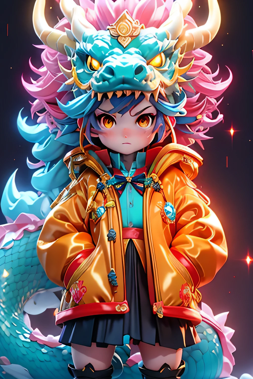 masterpiece,best quality,blue crystal flashing dragon,planning style,shining eyes,(change：1.2),(small:1.2),pink hair,yellow eyes, (red jacket),high ponytail,white collar shirt,hair flower,toss hair,flowing hair,frown,hands in pockets,black skirt,red bow tie,(alone),faucet