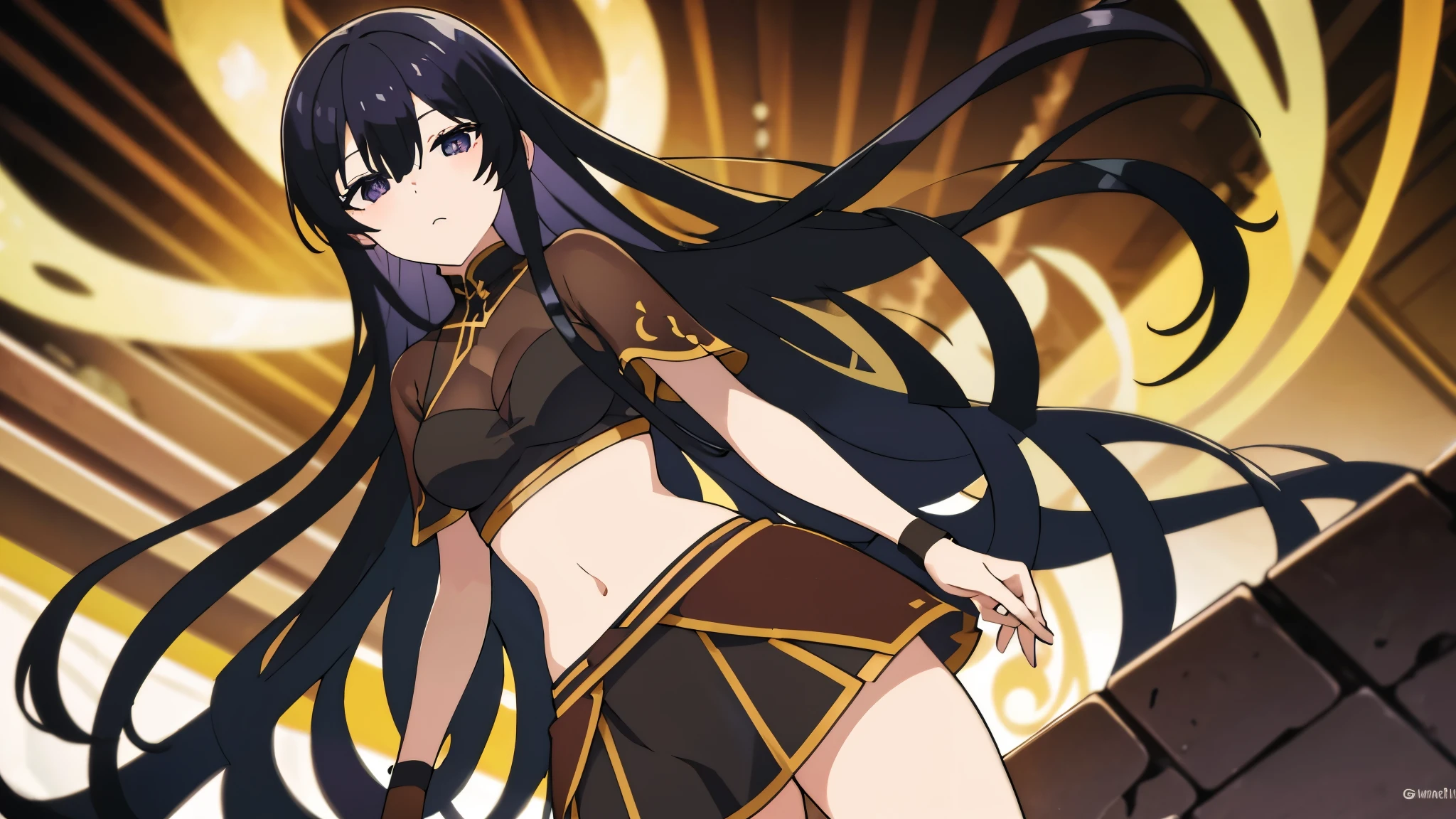 black shiny hair,black eyes,glowing eyes,shadows beneath eyes,long hair,half closed eyes,bare midriff,navel,ferronnières,black transparent veil,black slaveless top,black velvet hip scarf,golden nec
