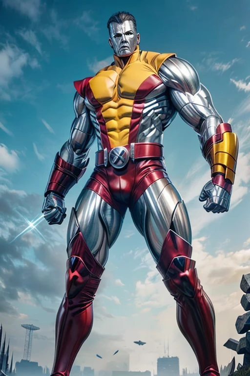 (masterpiece, best quality:1.2), (1man realistic, solo), (realistic colossus (x-men)), (((face colosus steel metal skin))), ((head metal steel)), (((no face texture human skin))), body steel skin, ((uniform colossus red and yellow)), red breeches, (red boots and gauntleds), (standing), plain gray background, masterpiece, HD high quality, 8K ultra high definition, ultra definition