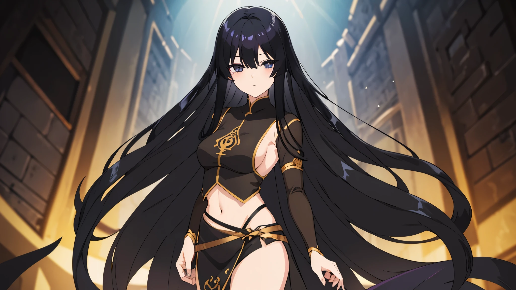 black shiny hair,black eyes,glowing eyes,shadows beneath eyes,long hair,half closed eyes,bare midriff,navel,ferronnières,black transparent veil,black slaveless top,black velvet hip scarf,golden nec
