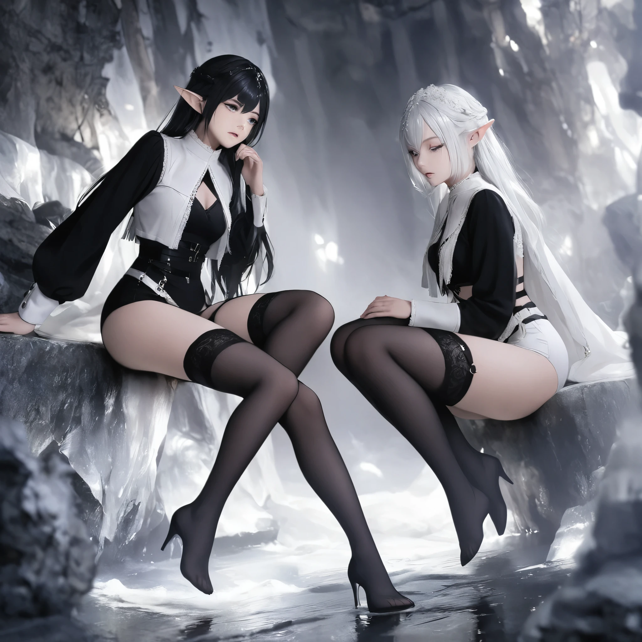 Dark Elf, 2girl ,black clothes,white clothes, black hair, white hair, dark elf,full body