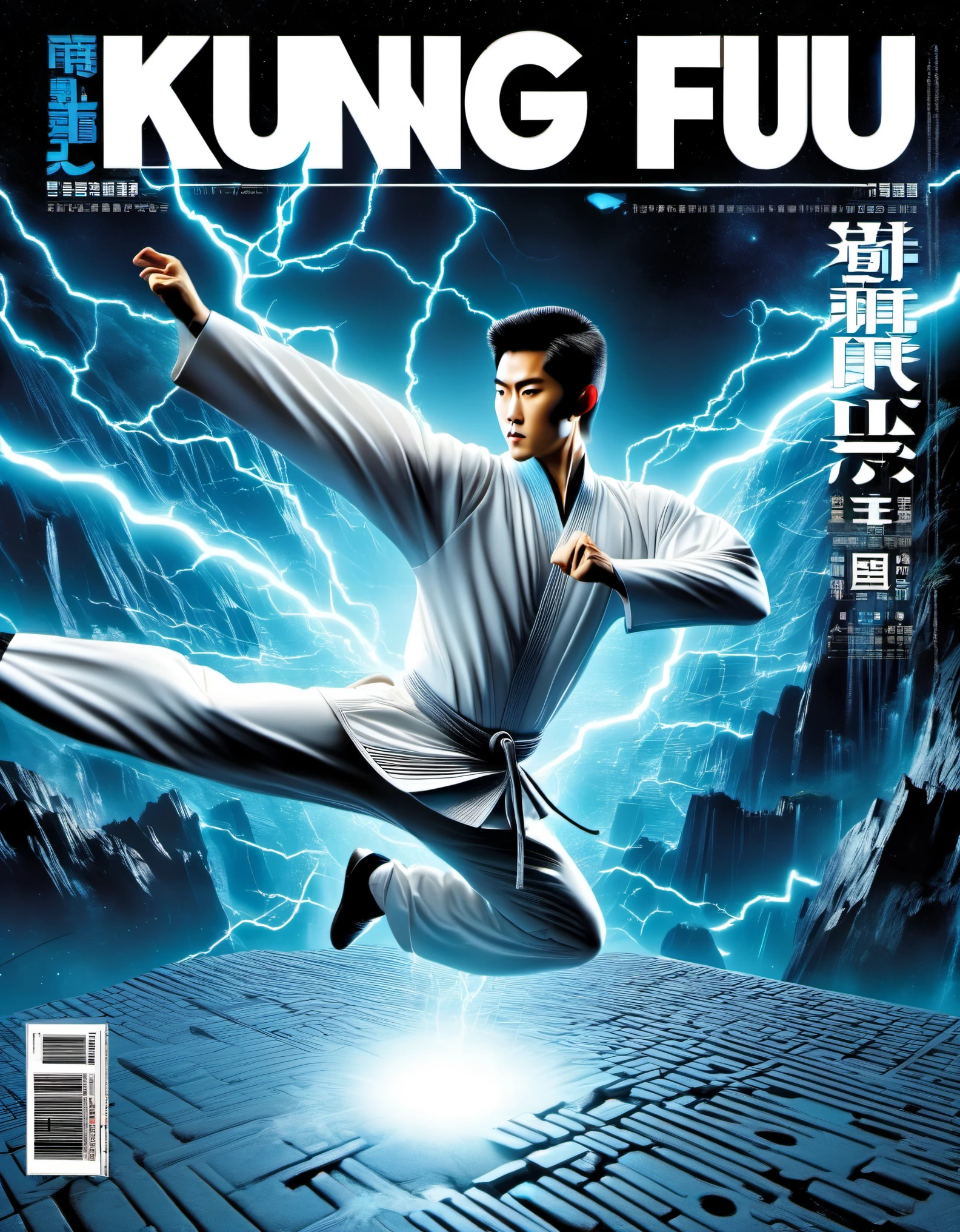 Transparent three-dimensional future magazine design,(kung fu man)(A lot of text floating on the cover:0.85)Photography, macro photography, glass, news paper cover magazines stand with a 3D three-dimensional man,A waterfall of words flashed from his mouth,文字 flat black and white newspaper text, depth of field, DSLR, The cover design of a Kung Fu magazine features a three-dimensional handsome boy kicking his legs high to practice Kung Fu. With dynamic kicking movements, a determined gaze, big eyes, muscular men, and a powerful Kung Fu boy flying out of the magazine, breaking a big hole. The action is vivid and realistic, emitting a faint magical light. The unique and eye-catching black and white font features weapons embedded in the border of the cover and newspapers, Visual illusion art, blue lightning, light, business card design style, beautiful details,complex details, studio lighting, 8k, HD, futuristic science fiction magazines, screen magazines, cyberpunk art, 3D book art, background: a table in the futuristic science fiction world