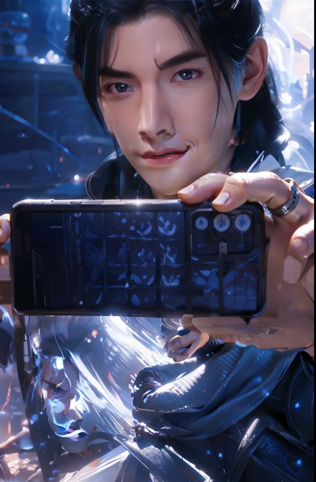 a close up of a person holding a cell phone in their hand, heise jinyao, 2 d cg, octa 8k, holding a very advance phone, cai xukun, game cg, android james, fantasy - n 9, 8k selfie photograph, next gen, inspired by Chen Lu, android phones, inspired by Chen Daofu, inspired by INO