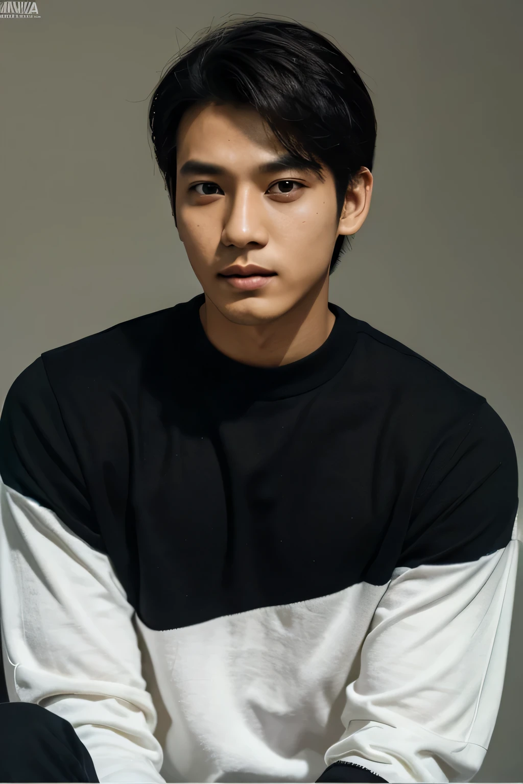 photography disposable portrait seorang pria korea tampan,ganteng, laki-laki memakai crewneck hitam dengan background putih,pria itu memakai kacamata Aviator
