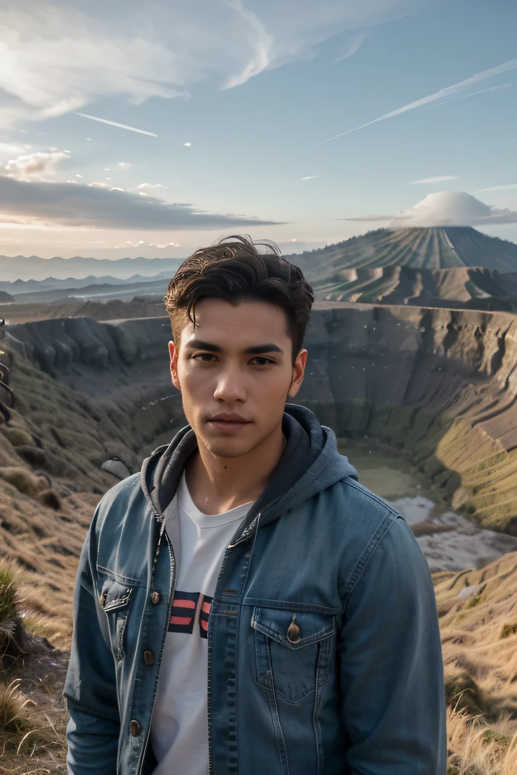((best quality)), ((masterpiece)), (detailed), perfect facearafed handsome man,handsome,ganteng,tampan,young handsomeman in a denim jacket with black Hoodie standing in front of Bromo mountain,indonesia,indonesia