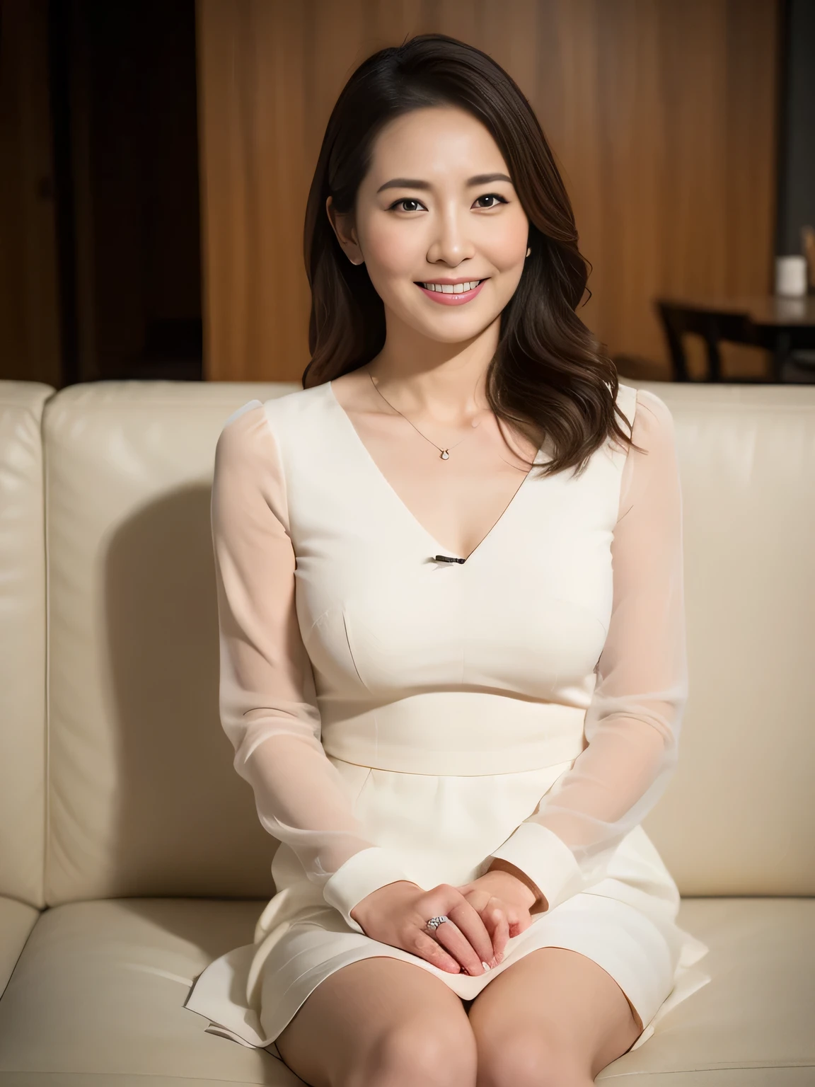 NSFW, ((highest quality)), ((8K)), ((masterpiece:1.3)), (get used to it), (movie quality), indoor, ((cafe lounge)), single seat low sofa, Japanese woman sitting on the sofa, The whole thing is surrounded by soft light, Cross your legs and lean against the backrest, left foot crossed over right foot, perfect look, 47 years old, married woman, Wedding ring on the left ring finger, facial wrinkles:1.2, wrinkles around the eyes:0.8, tear bags around the eyes, double eyelid, I have a small mole under my left eye that looks like it&#39;s crying.., Long sleeve blouse with ruffles on the chest, Long flared skirt that tightly wraps around the buttocks, long hair, smile gently, My eyes are looking at me, standard chest, whole body, pumps, Angle from feet, (Please lift up your skirt and show me your panties..), Panty shot,