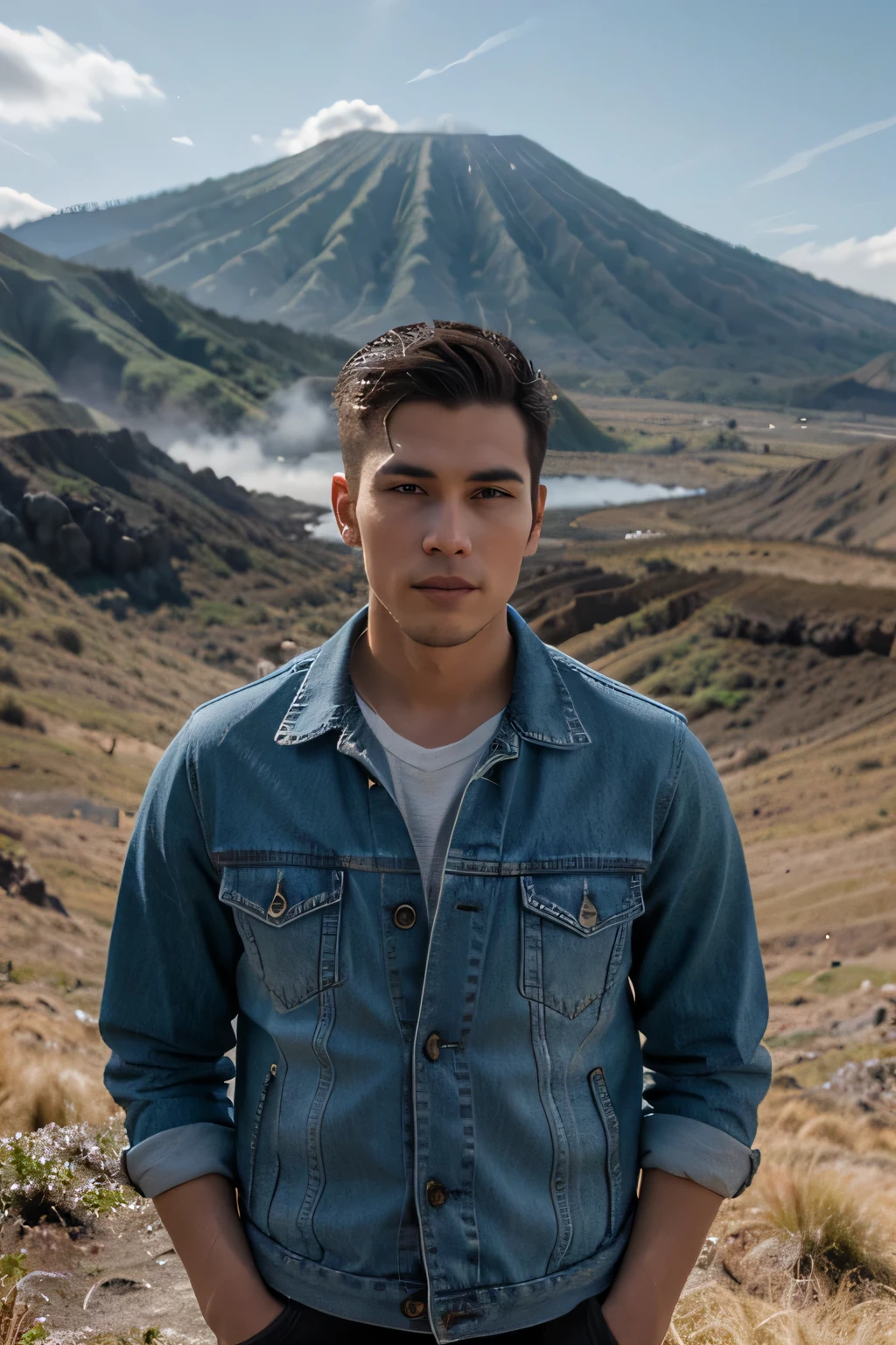 ((best quality)), ((masterpiece)), (detailed), perfect facearafed handsome man,handsome,ganteng,tampan,young handsomeman in a denim jacket standing in front of Bromo mountain,indonesia,indonesia