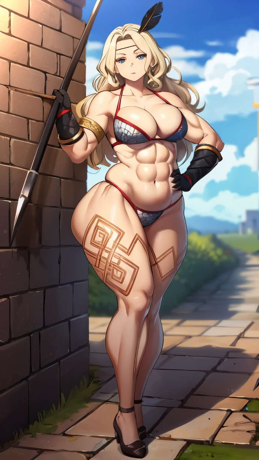 (masterpiece, highest quality:1.2), 1 girl, looking at the viewer, Amazon, Dragon&#39;s Crown, bikini armor, No expression, holding a halberd,  bangles, muscular woman,  chest, black gloves, gloves, thighs, (thick thighs, big ass:1.1), tattoo, belly button, oblique muscle, long hair, cleavage, swimsuit, feather hair ornament, blonde hair, abs,  circlet, large chest, feather, (dungeon, Cloudy, fantasy setting, brick wall:1.1),full body shot,