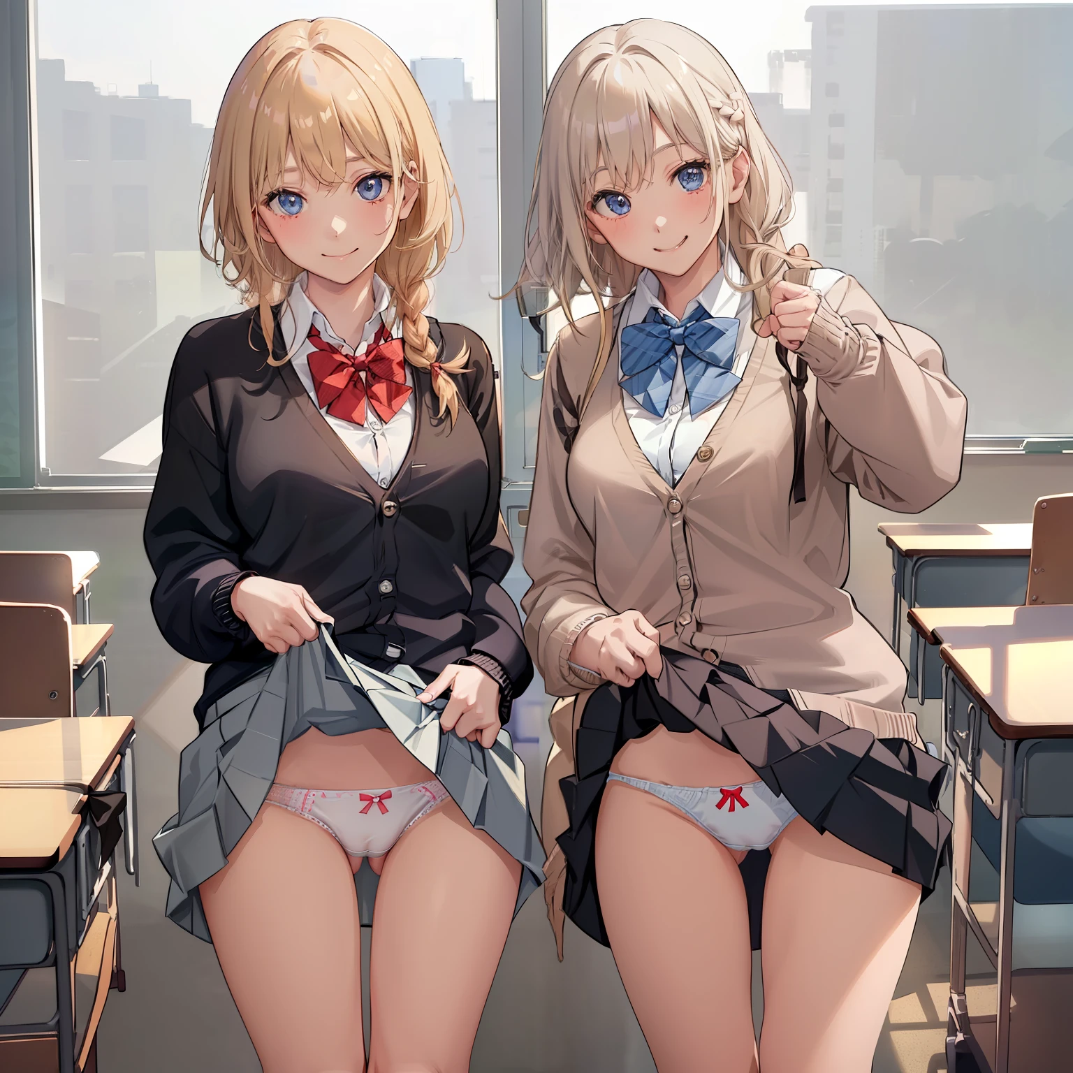 ((1 girl))、(smile:1.5)、small breasts、(cowboy shot)、(fun!!)、(白いcardigan:1.5)、(blonde)、blush、(single braid)、(eye highlights:1.3)、blake black shoes,(黒いskirt)、bow, button, shirt with collar, long sleeve, ((red bow tie, , black jacket, open jacket, cardigan, white shirt, 黒のskirt, チェック柄のskirt、white socks)),, shirt,, skirt, socks, thighs, white shirt, Rest indoors, ((classroom:1.5))、 BREAK while watching the audience、(skirtを掴む:1.0)、 (perfect hands, perfect anatomy),cowboy shot、(skirtlift:1.3),(highly detailed white panties:1.3)、(highly detailed panties:1.3)、、(skirt that rolls up:1.3)、(fully exposed panties:1.5)、blue eyes