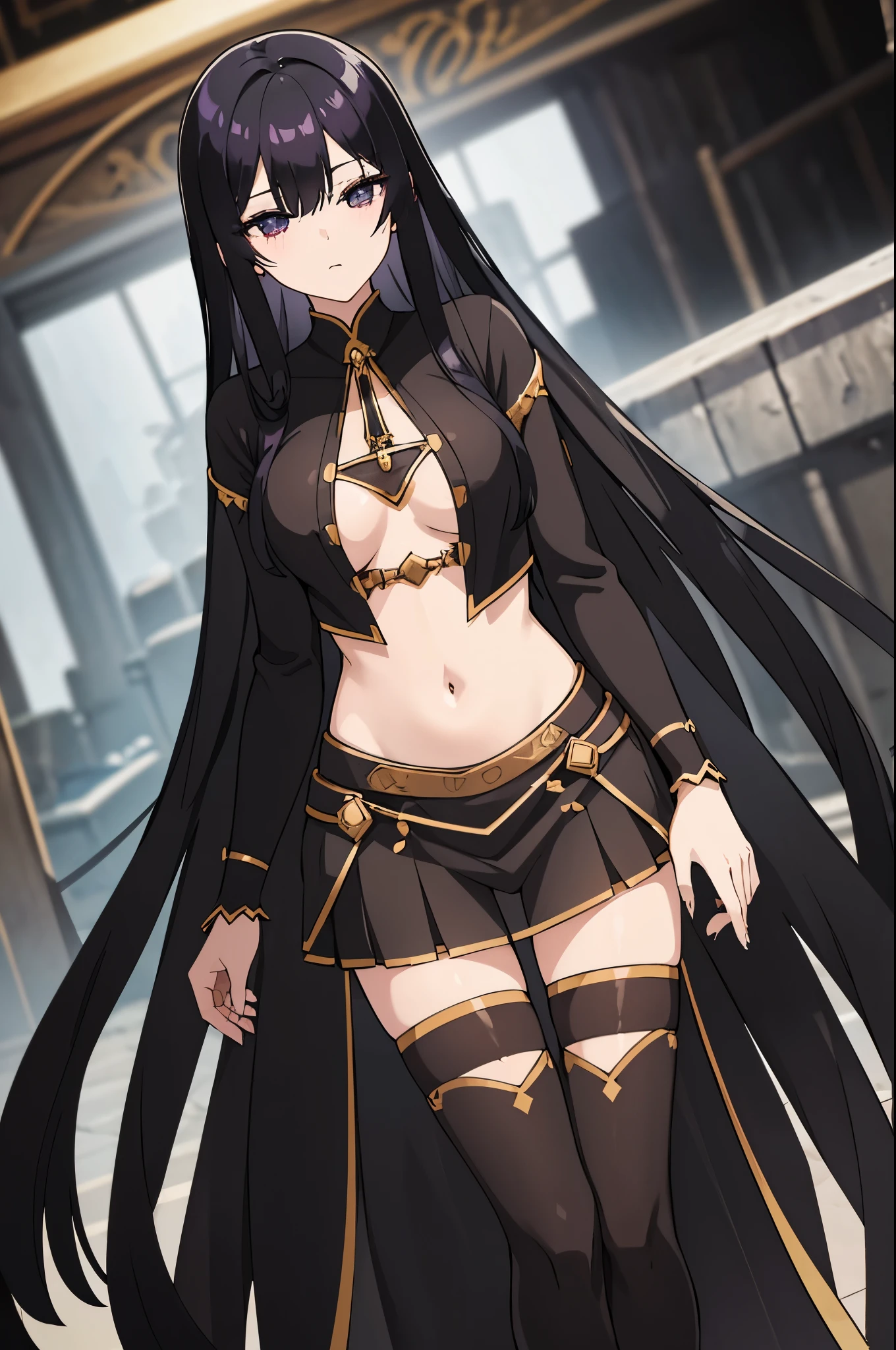 black shiny hair,black eyes,glowing eyes,shadows beneath eyes,long hair,half closed eyes,bare midriff,navel,ferronnières,black transparent veil,black slaveless top,black velvet hip scarf,golden nec
