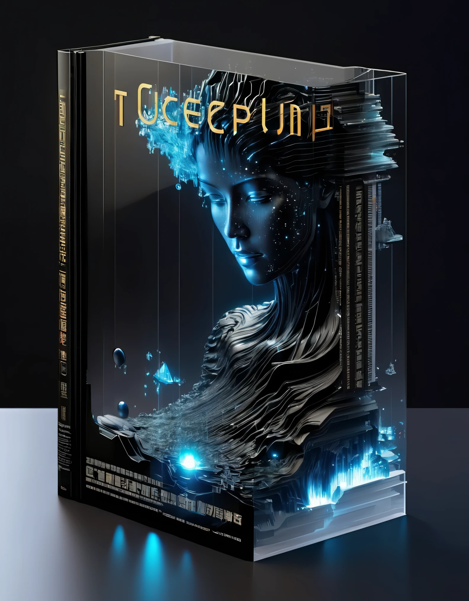 Transparent three-dimensional future magazine design,(A lot of text floating on the cover:0.85)Photography, macro photography, glass newspaper cover magazines stand with a 3D three-dimensional man,A waterfall of words flashed from his mouth,文字 flat black and white newspaper text, depth of field, DSLR, complex details, studio lighting, 8k, HD, futuristic science fiction magazines, screen magazines, cyberpunk art, 3D book art, background: a table in the futuristic science fiction world