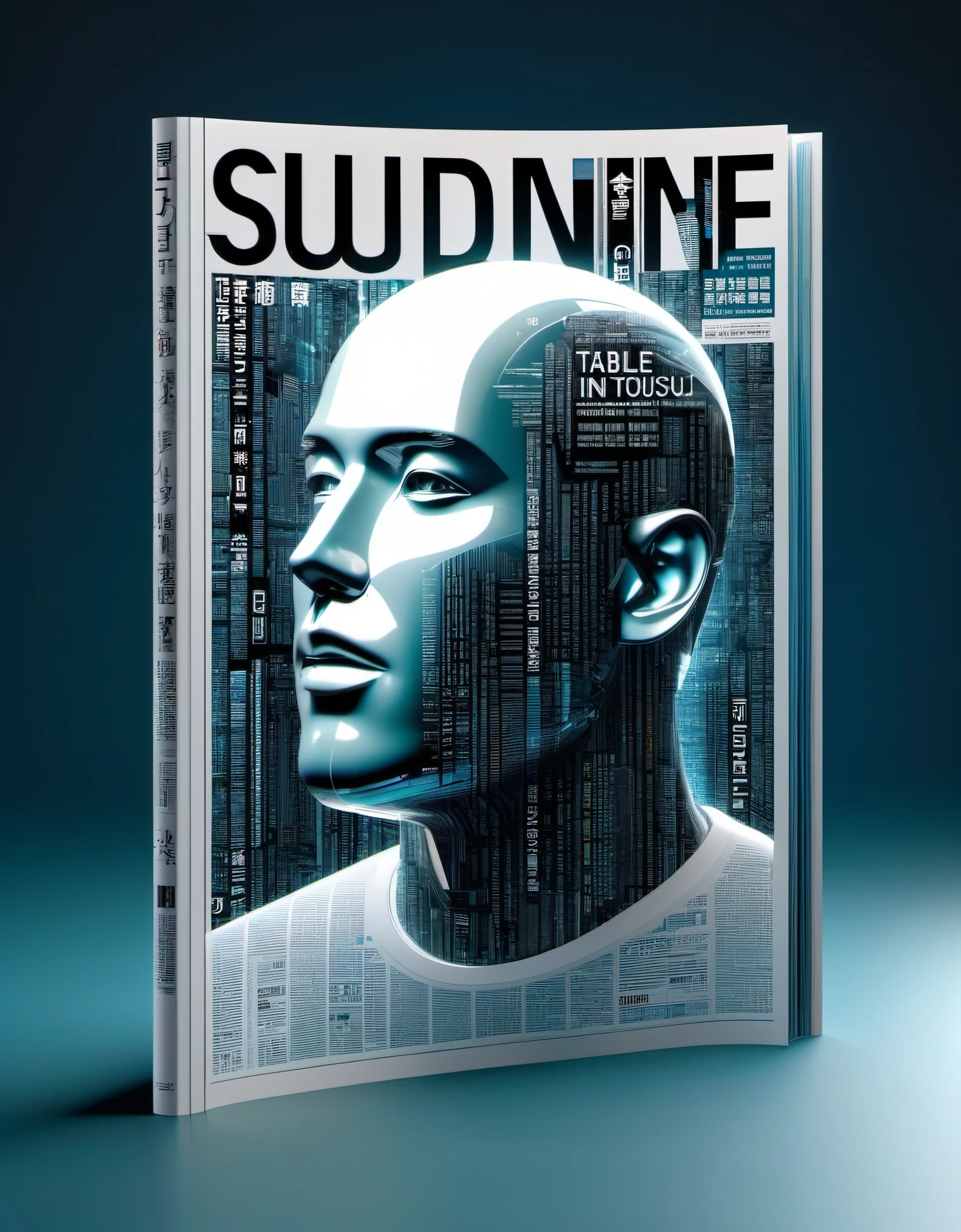 Transparent three-dimensional future magazine design，（A lot of text floating on the cover：0.85）Photography, macro photography, glass， news paper cover magazines stand with a 3D three-dimensional man,A waterfall of words flashed from his mouth，文字 flat black and white newspaper text, depth of field, DSLR, complex details, studio lighting, 8k, HD, futuristic science fiction magazines, screen magazines, cyberpunk art, 3D book art, background: a table in the futuristic science fiction world