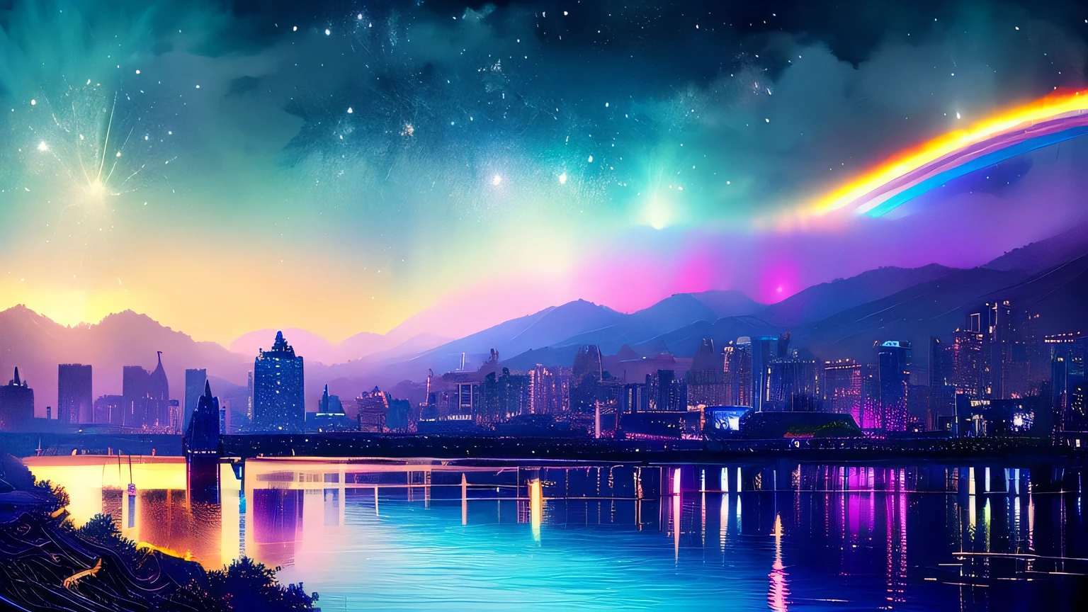 Colorful Metropolitan Museum of Art、虹of空に星と月ofある川of絵、of、shining Skyscrapers、shine all over、Skyscraper、Concept art inspired by Mitsuoki Tosa、Pixiv contest winners、highest quality、fantasy art、美しいアニメofシーン、bright moon、月明かりに照らされた星of環境、夢of絵、anime background art、fantasy landscape painting、ファンタジーof騎士、anime background artwork、great art、雰囲気ofあるアニメ、starry sky、Detail has been enhanced。