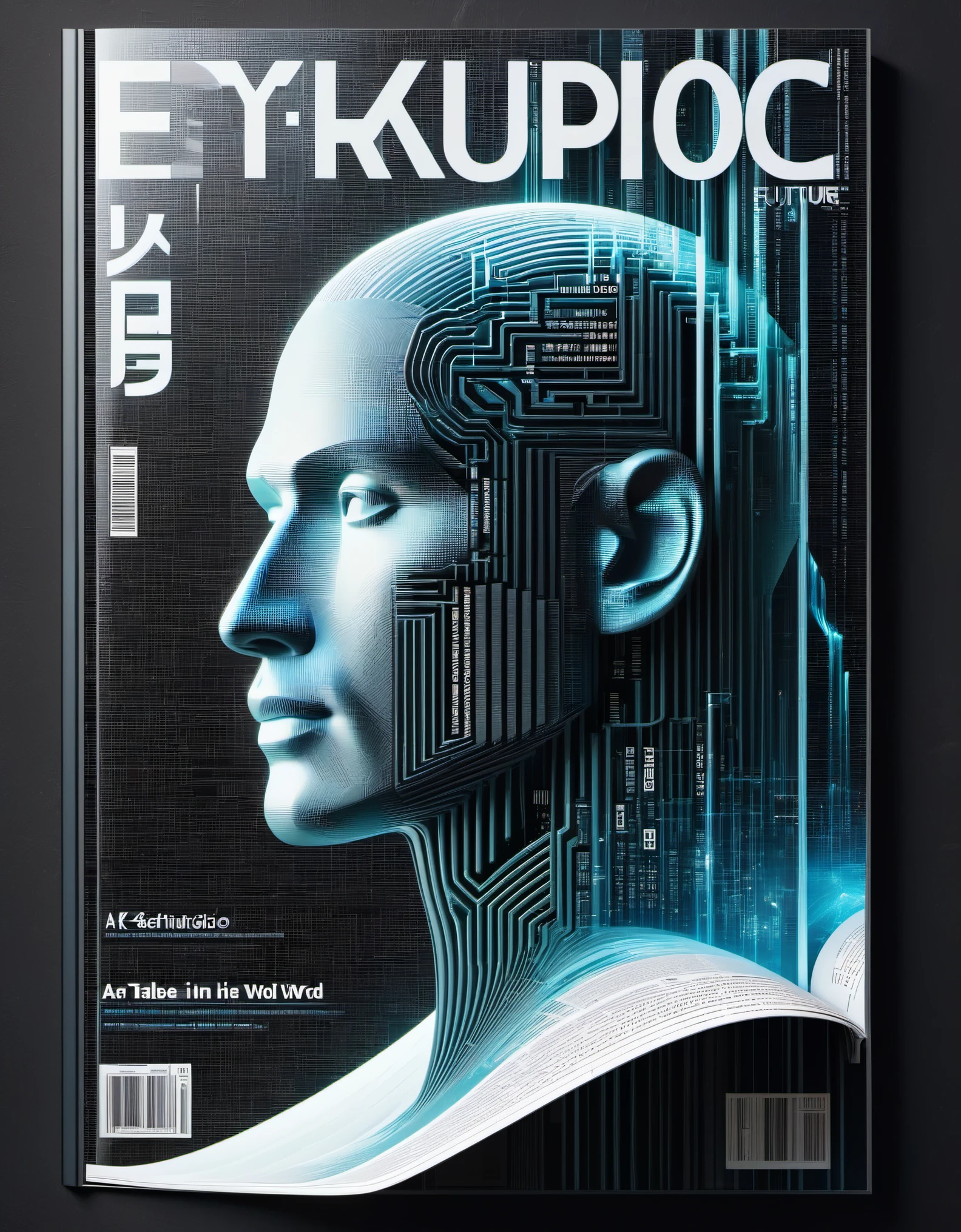 Transparent three-dimensional future magazine design，（A lot of text floating on the cover：0.85）Photography, macro photography, glass， news paper cover magazines stand with a 3D three-dimensional man,A waterfall of words flashed from his mouth，文字 flat black and white newspaper text, depth of field, DSLR, complex details, studio lighting, 8k, HD, futuristic science fiction magazines, screen magazines, cyberpunk art, 3D book art, background: a table in the futuristic science fiction world