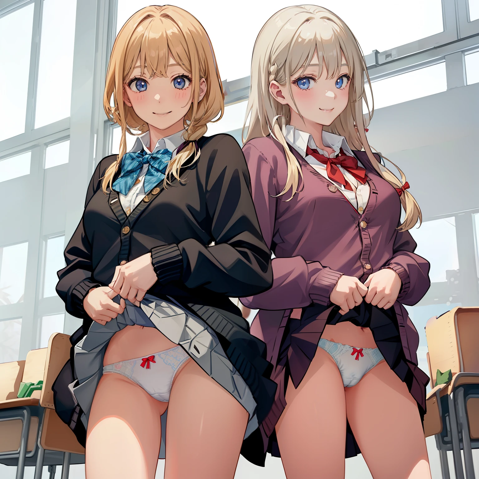 ((1 girl))、(smile:1.5)、small breasts、(cowboy shot)、(fun!!)、(白いcardigan:1.5)、(blonde)、blush、(single braid)、(eye highlights:1.3)、blake black shoes,(黒いskirt)、bow, button, shirt with collar, long sleeve, ((red bow tie, , black jacket, open jacket, cardigan, white shirt, 黒のskirt, チェック柄のskirt、white socks)),, shirt,, skirt, socks, thighs, white shirt, Rest indoors, ((classroom:1.5))、 BREAK while watching the audience、(skirtを掴む:1.0)、 (perfect hands, perfect anatomy),cowboy shot、(skirtlift:1.3),(highly detailed white panties:1.3)、(highly detailed panties:1.3)、、(skirt that rolls up:1.3)、(fully exposed panties:1.5)、blue eyes