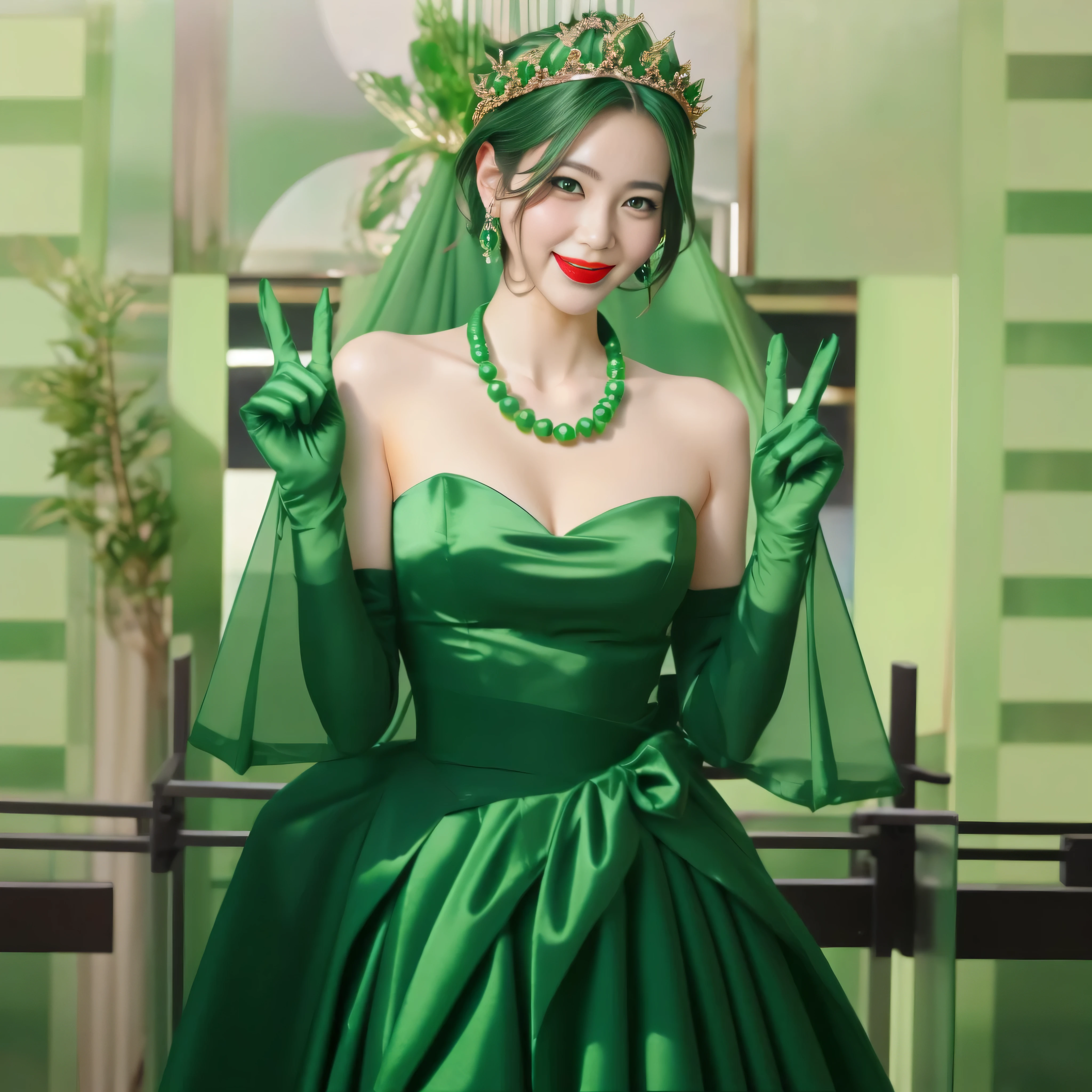 Beautiful Japan woman in her 30s， finger details， beautiful hands，emerald tiara, green pearl necklace, Boyish green berry short hair, lipstick, smiling Japanese woman, very short hair, big breasts beautiful, green eyes, green satin long gloves, green eyes, emerald earrings, green veil, V sign