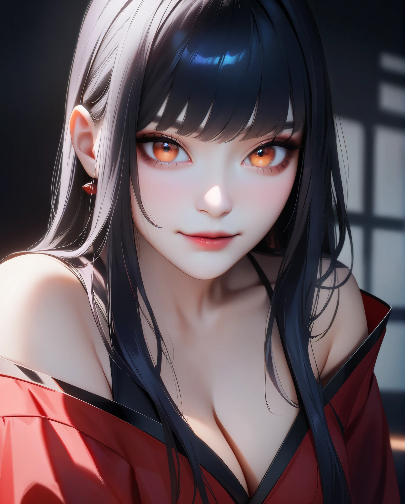 (8K,RAW photos),(best qualtiy),(tmasterpiece),(realisticlying,)(Photorealistic and realistic),(A high resolution),Hyper-detailing,(hentail realism:1.1),beauitful face,
(1female:1.1),Female pervert,(looki at viewer),cowboy lens,jpn,
Xiaonan\(Naruto\),(AKATSUKI OUTFIT:1.1),La Brett piercing,cleavage,Off-the-shoulder attire,ssmile,Be red in the face,Upper body photo
Dark blue hair,
profesional lighting、photon mapping、physically-based renderingt、
Dark theme,