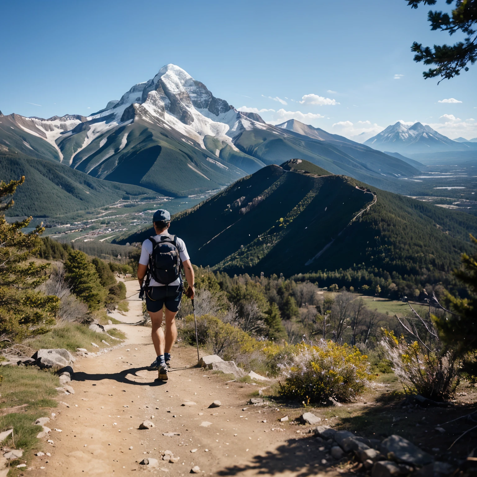 male climber walking on a hiking trail with a majestic mountain view