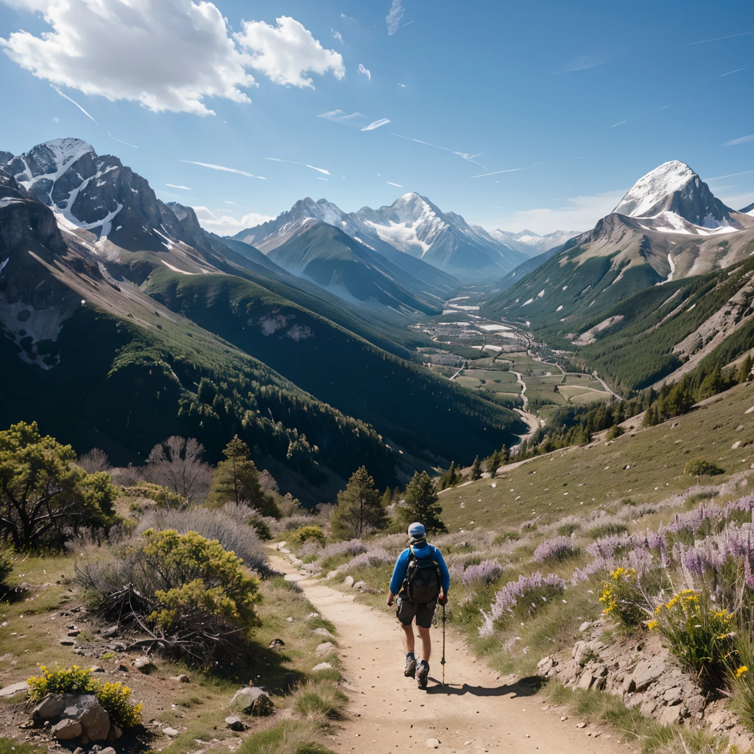 male climber walking on a hiking trail with a majestic mountain view