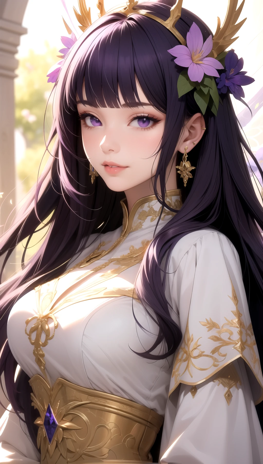 (masterpiece, best quality), intricate details, beautiful girl, purple hair, blunt bangs, light purple eyes, sharp jawline, Fairy queen crowns with cascading flowers, long hair, lips, upper body, smirk