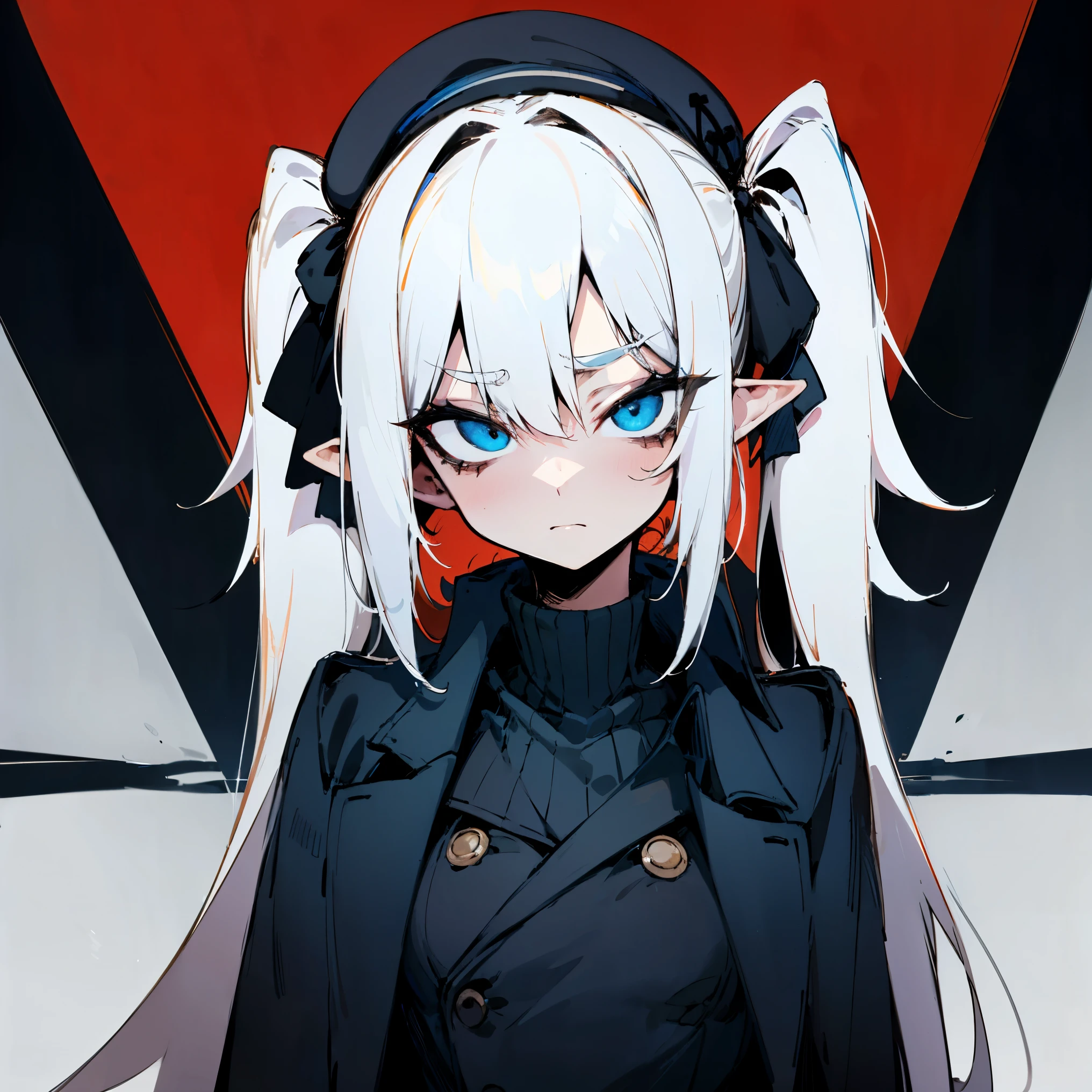 (Masterpiece, Top Quality, Best Quality, Official Art, Beauty and Aesthetics: 1.2), (Flat Color: 1.3), Very Detailed, Detailed Face and Eyes, Cinematic Light, SFW, Anime, Depth of Field, 1 Girl, Serious Face, Solo, Official, White Hair, Elf Ears, Twintails, Blue Eyes, Black Eye Shadow, Medium Tits, Black Beret, Black Trenchcoat, Black Turtleneck