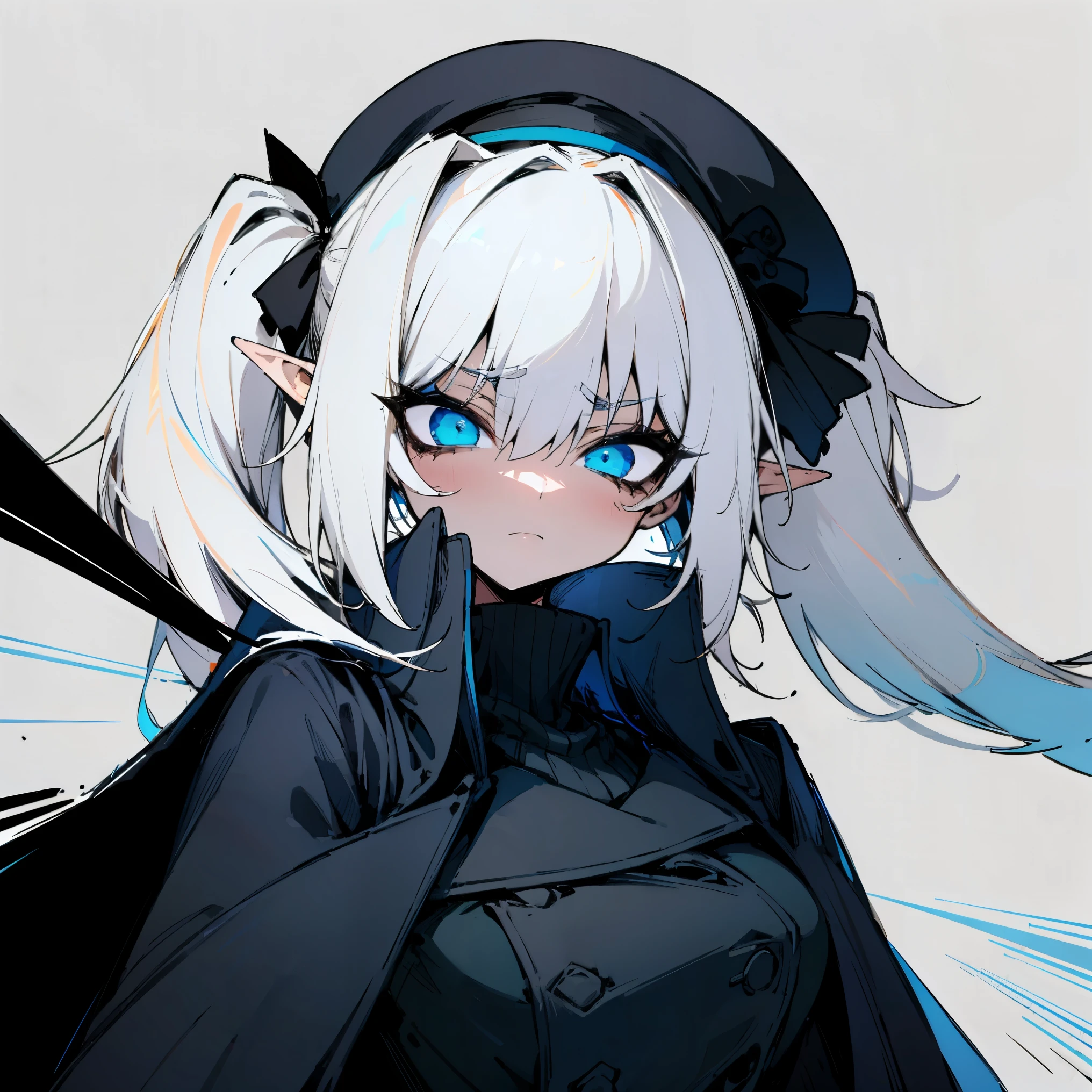 (Masterpiece, Top Quality, Best Quality, Official Art, Beauty and Aesthetics: 1.2), (Flat Color: 1.3), Very Detailed, Detailed Face and Eyes, Cinematic Light, SFW, Anime, Depth of Field, 1 Girl, Serious Face, Solo, Official, White Hair, Elf Ears, Twintails, Blue Eyes, Black Eye Shadow, Medium Tits, Black Beret, Black Trenchcoat, Black Turtleneck