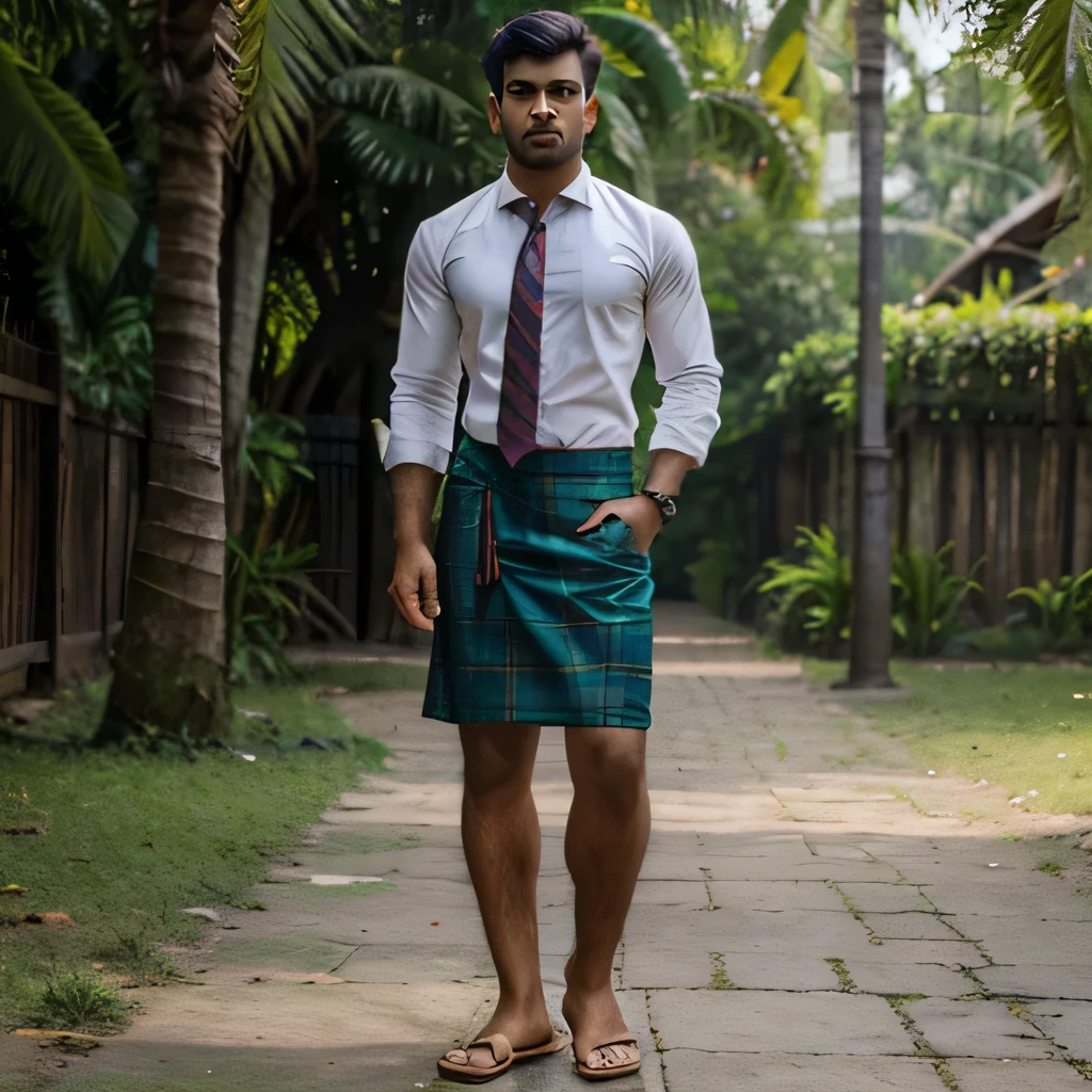 (masterpiece, best quality: 1.2), ultra detailed, highest detail, handsome Bangladeshi man wearing only a long tie, naled body & nothing else and beautiful colorful long bengali lungi, age 25, full body, outdoor landscape, realistic,