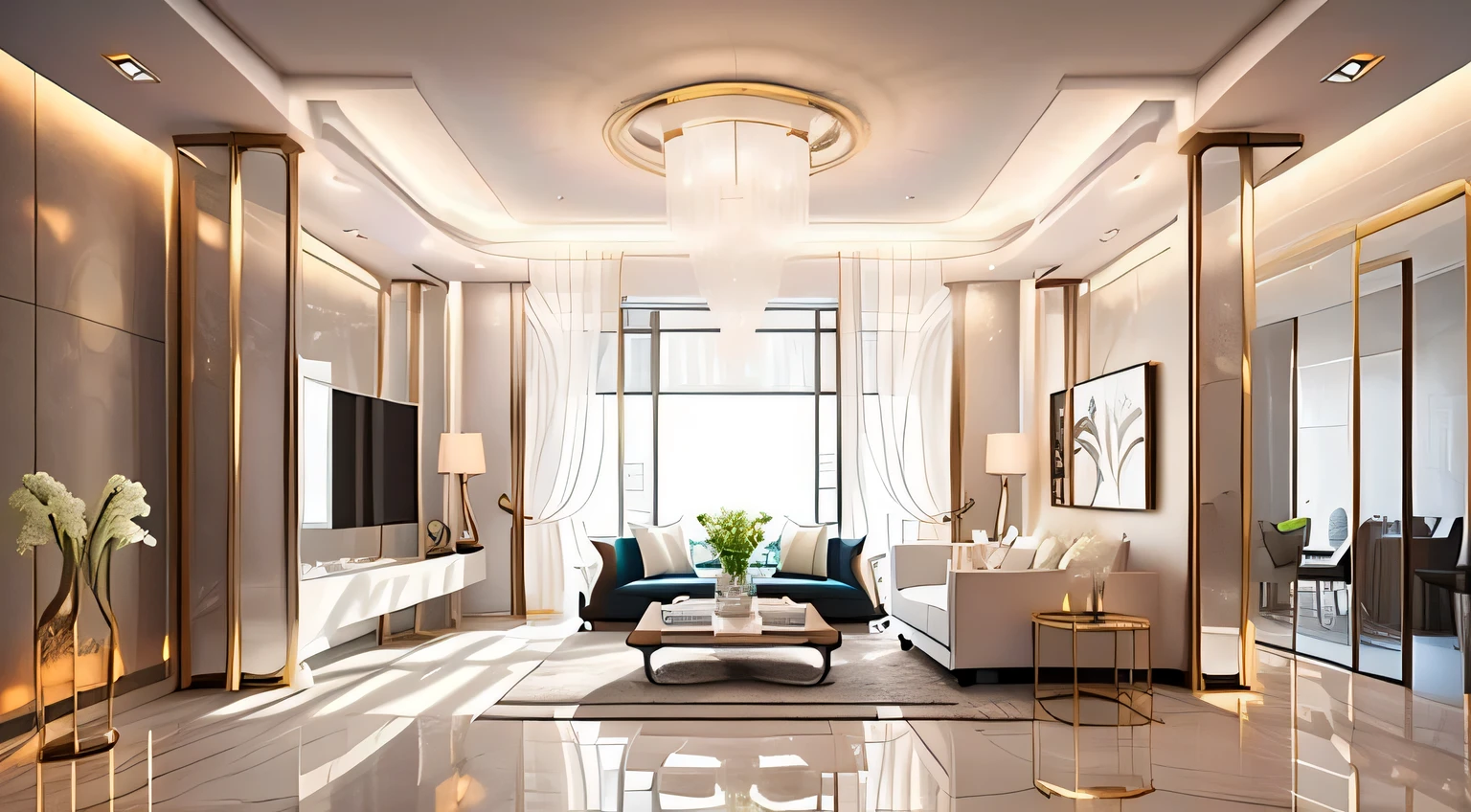 small apartment illuminated by lights, In bright white and white style, maximalism, beijing east village, Vibrant and airy scene, cute aesthetics, high angle, White and bronze