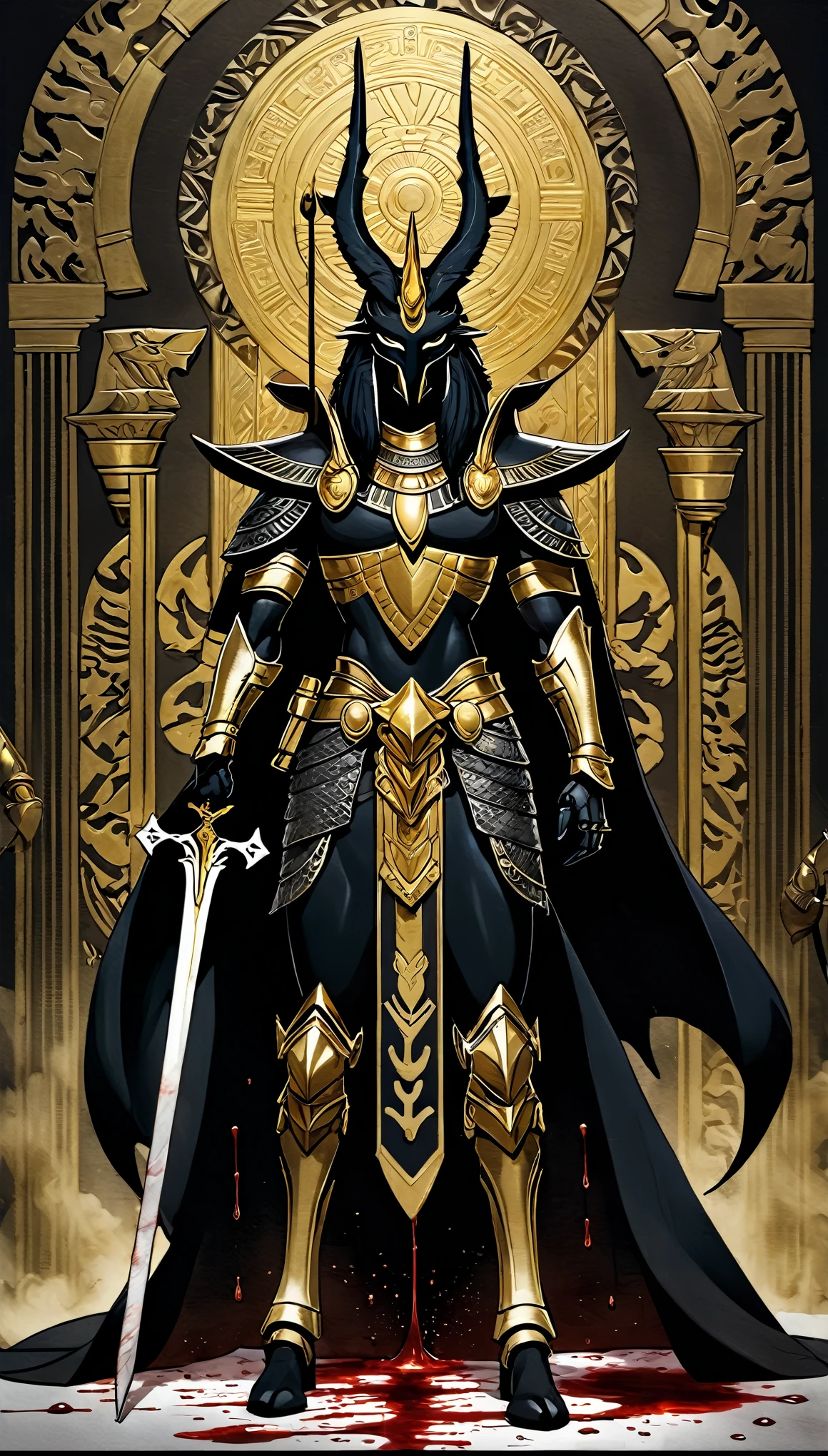 There is a picture of figures, The painting depicts an animal with a golden head and horns, Full body portrait of dragoon, Mysterious Anubis Valkyrie, Super detailed fantasy characters, Robot dragon portrait, Sleipnir's photo, ghost of anubis, 4K details fantasy, Polaroid Counting Trends, zbrush contest winner, Draw with zbrush, zbrush central contest winner, horse warrior, (The whole body is covered with blood:3)