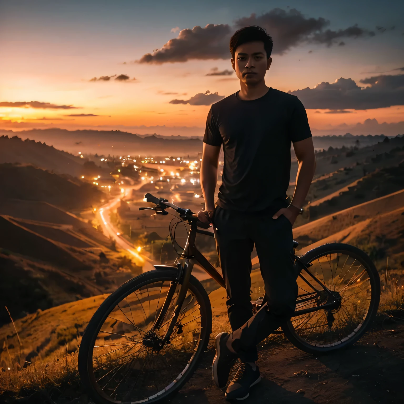 Full body, wide shot, a Indonesian man with short hair with a bicycle parked on a hill at sunset, at sunset, twilight setting, night background with rural lights visible from a height, dreamy standing pose, taken at golden hour, advertising photography, best angle, looking at the camera
