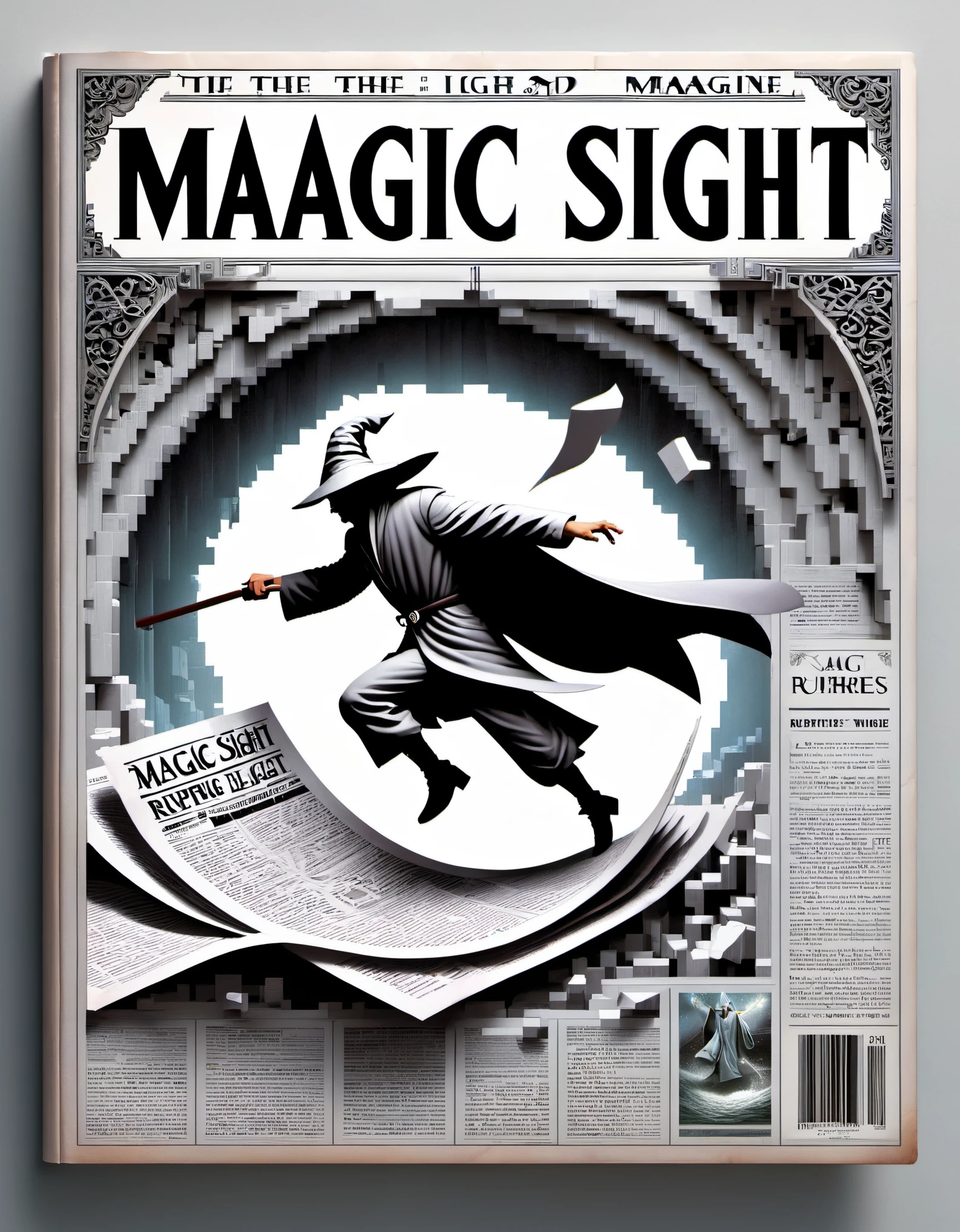 Magical magazine cover design, (a three-dimensional man breaking through the cover), the wizard is rushing out of the newspaper, ruptured large hole, the action is vivid, and realistic, the title of the magazine, "Magic Sight," emits a faint magical light, unique and striking black and white lettering and magical runes in the form of inlaid in the borders of the cover, the newspaper
