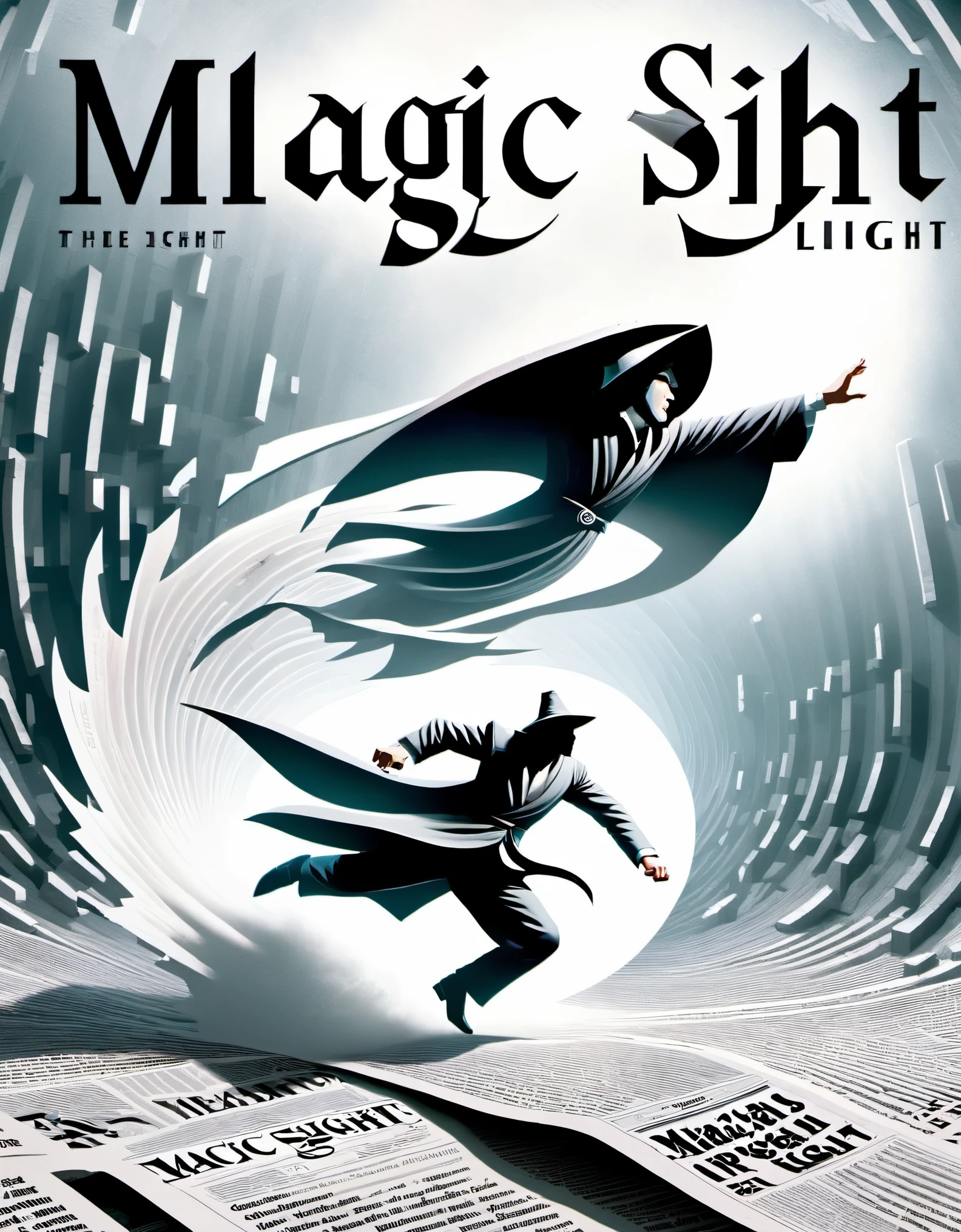 Magical magazine cover design, (a three-dimensional man breaking through the cover), the wizard is rushing out of the newspaper, ruptured large hole, the action is vivid, and realistic, the title of the magazine, "Magic Sight," emits a faint magical light, unique and striking black and white lettering and magical runes in the form of inlaid in the borders of the cover, the newspaper

