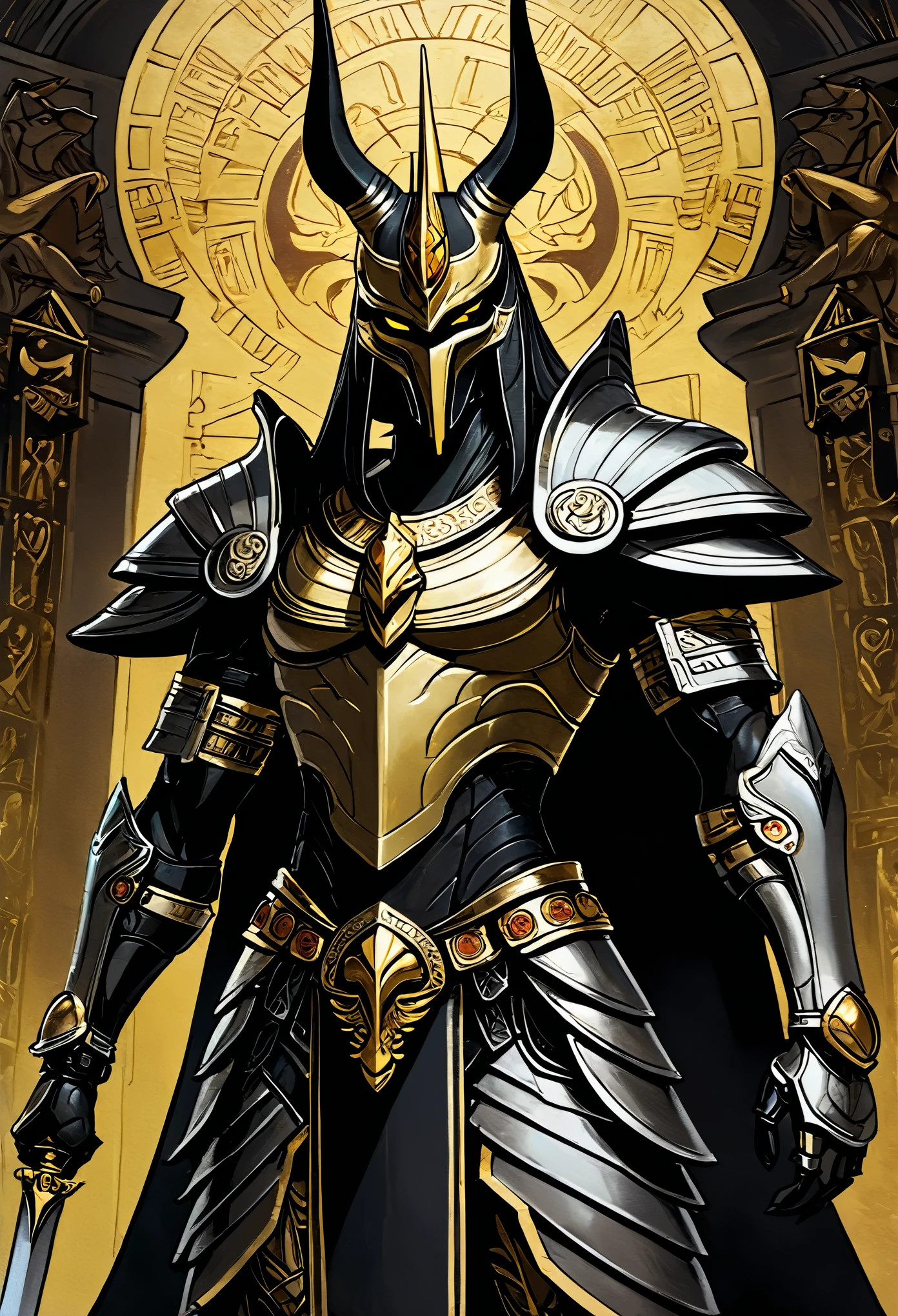 There is a picture of figures, The painting depicts an animal with a golden head and horns, Full body portrait of dragoon, Mysterious Anubis Valkyrie, Super detailed fantasy characters, Robot dragon portrait, Sleipnir's photo, ghost of anubis, 4K details fantasy, Polaroid Counting Trends, zbrush contest winner, Draw with zbrush, zbrush central contest winner, horse warrior, (The whole body is covered with blood:3)