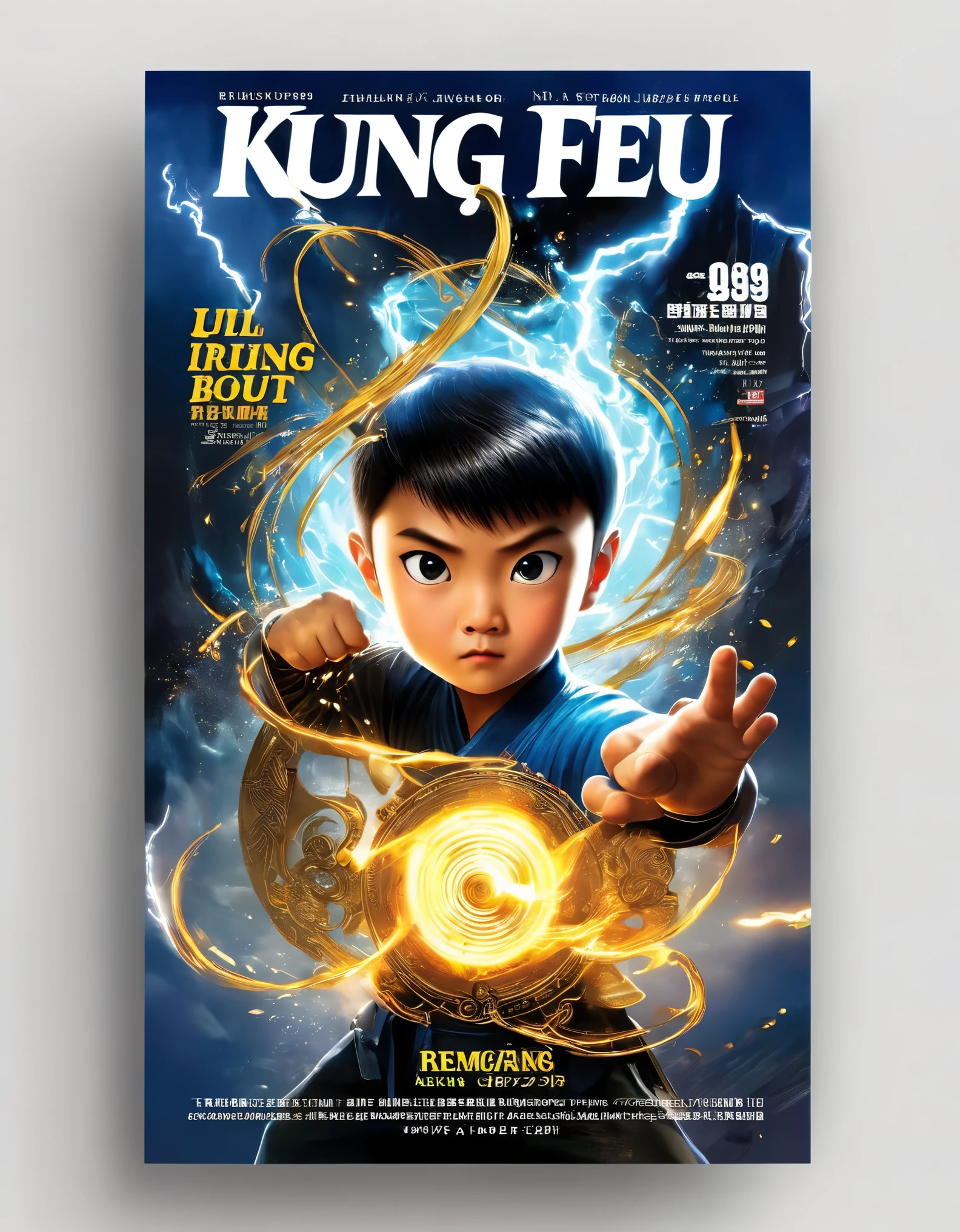 The cover design of Kung Fu magazine features a three-dimensional handsome boy boxing, with a determined gaze, big eyes, muscular man, and a powerful magical kung fu boy flying out of the magazine, breaking a big hole with vivid and realistic movements. The title of the magazine, "Kung Fu Magazine," emits a faint magical light, with unique and eye-catching black and white fonts. Weapons are embedded in the border of the cover, newspapers, visual illusion art, blue lightning, and light, Very unified CG, business card design style, beautiful details,