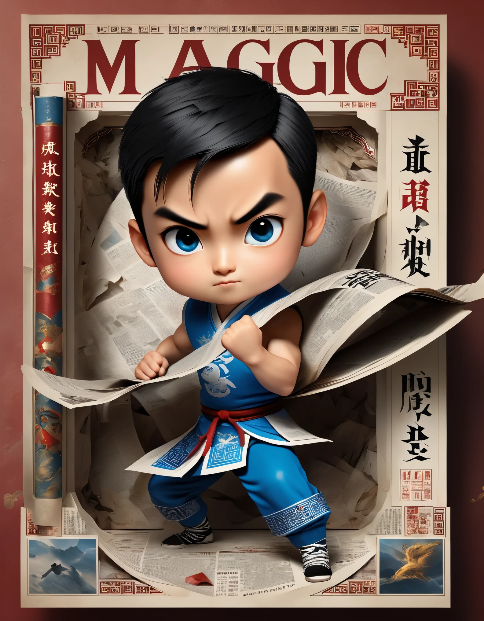 Magic magazine cover design, (a three-dimensional kung fu boy broke through the cover), 坚毅的目Light，big eyes，muscular man，the mighty magic kung fu boy is breaking out of the newspaper, ruptured large hole, the action is vivid, and realistic, the title of the magazine, "Magic Sight," emits a faint magical light, unique and eye-catching black and white fonts and magical runes in the form of inlaid in the cover's borders, the newspaper，Optical illusion art，blue lightning，Light，Very unified CG,in style of business card design, beautiful detailed

