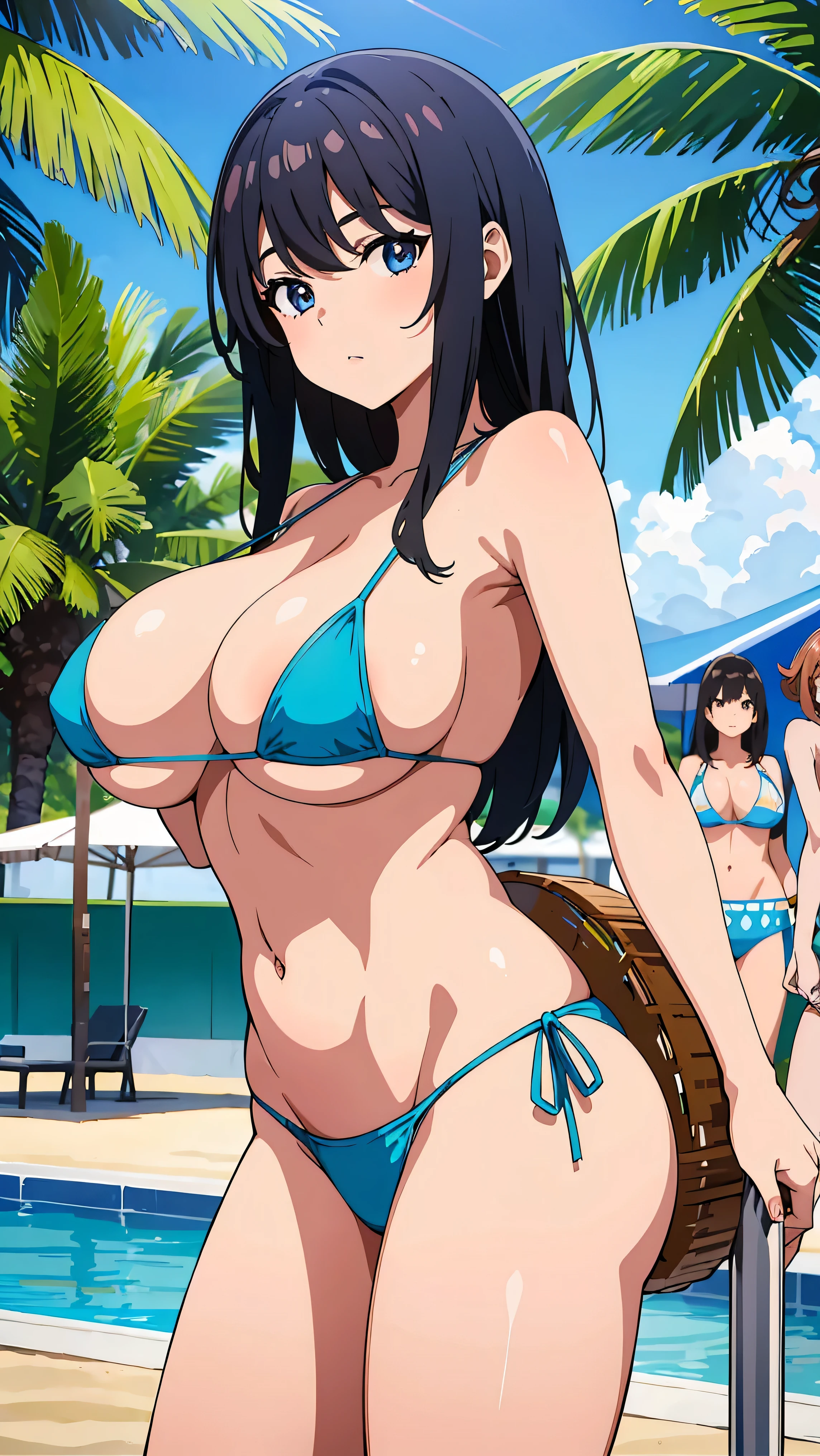 pool party, look at viewer, multiple girls, group picture, lineup, harem, high school girls, 3girls, micro bikini, huge perfect breasts, leaning forward, cowboy shot, beach, (Best quality, 8k, 32k, Masterpiece:1.2),