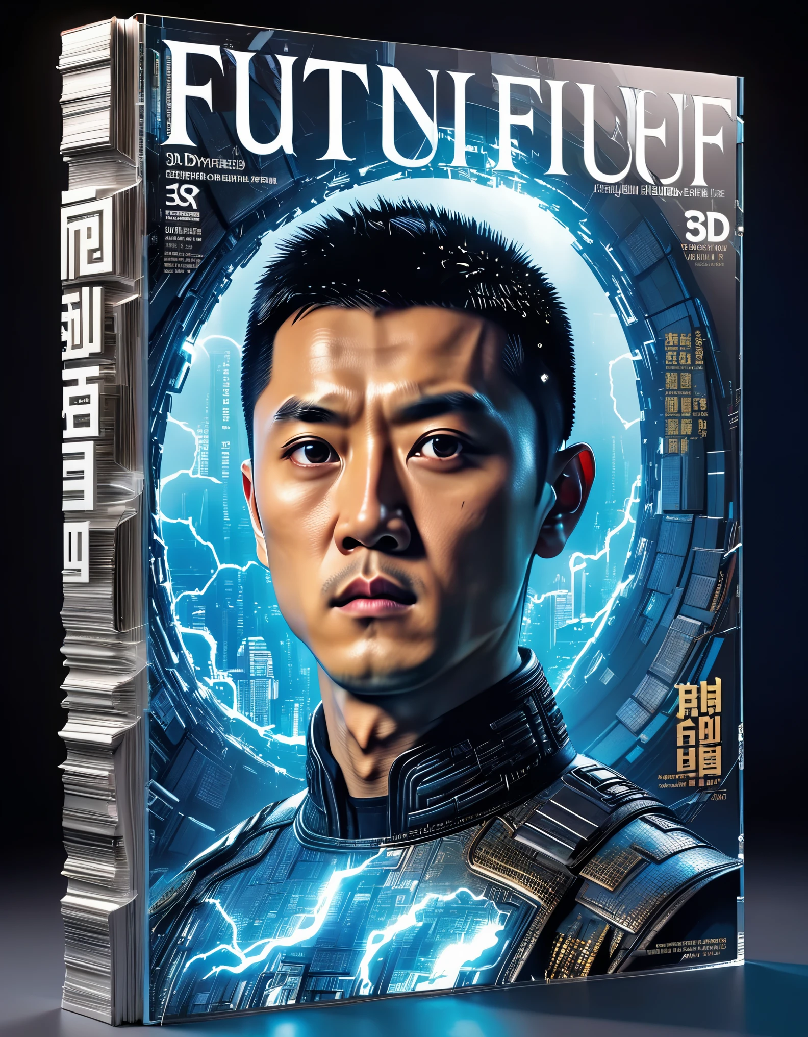 Transparent 3D Future Magazine Design (with a lot of text floating on the cover: 0.85) Photography, macro photography, magazine standing together with 3D handsome Kung Fu 男孩，big eyes，Thick eyebrows，high nose，Looks like actor Hu Ge,, majestic Kung Fu Kid, punching movements, waterfall like text flash, text flat black and white newspaper text, depth of field, DSLR, complex details, studio lighting, 8k, high-definition, future science fiction magazine, screen magazine, cyberpunk art, 3D book art, Background: Future science fiction world, visual illusion art, blue lightning, light