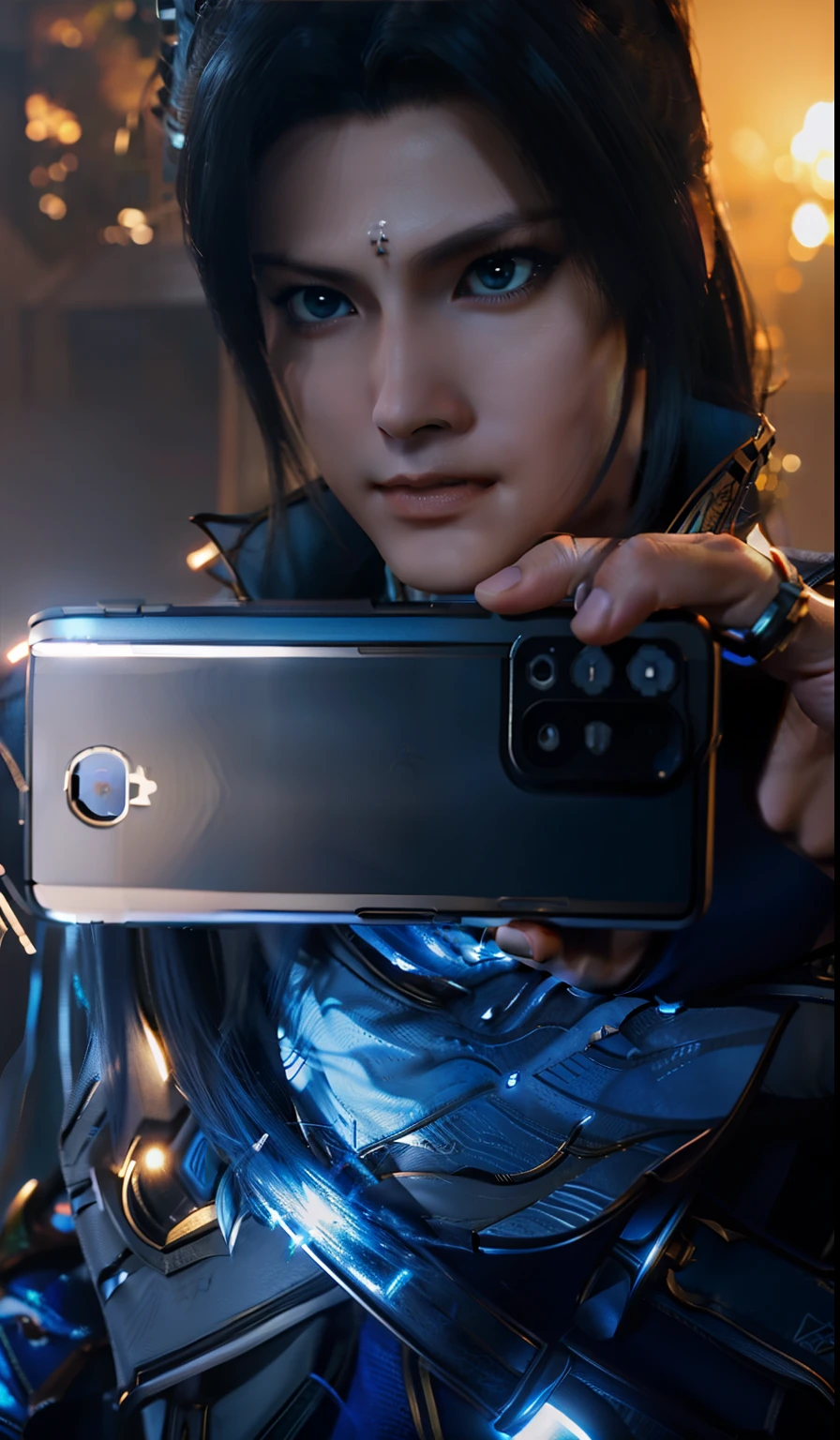 a close up of a person holding a cell phone in their hand, heise jinyao, 2 d cg, octa 8k, holding a very advance phone, cai xukun, game cg, android james, fantasy - n 9, 8k selfie photograph, next gen, inspired by Chen Lu, android phones, inspired by Chen Daofu, inspired by INO