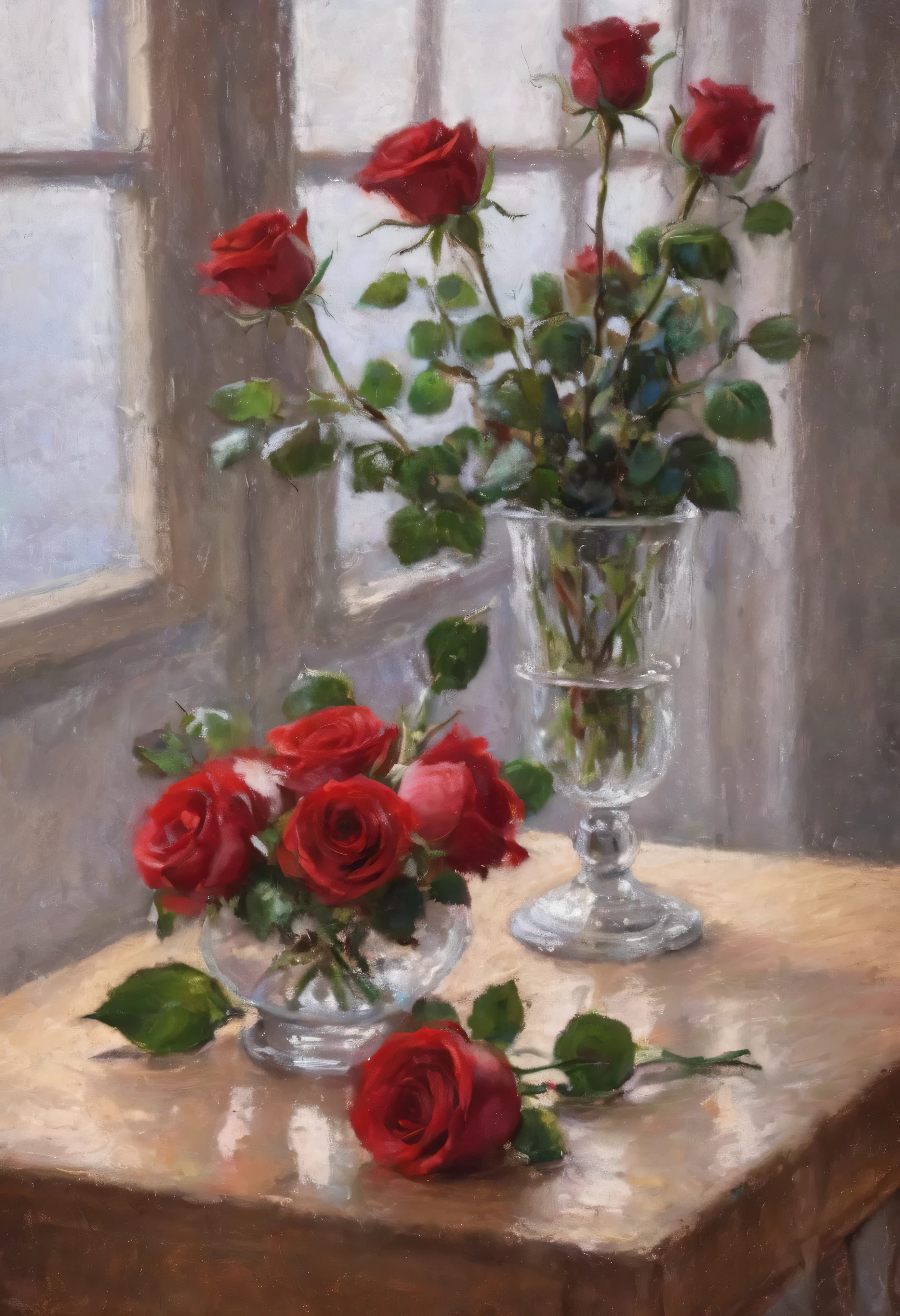 [best quality,ultra-detailed],(expensive,exquisite:1.1),(realistic,photorealistic:1.37),beautiful detailed red roses, cut crystal vase,soft lighting,gentle shadows,vibrant colors,delicate petals,fine details,subtle reflections,high contrast,shimmering glass,crisp edges,artistic composition,studio lighting,gorgeous centerpiece,romantic atmosphere