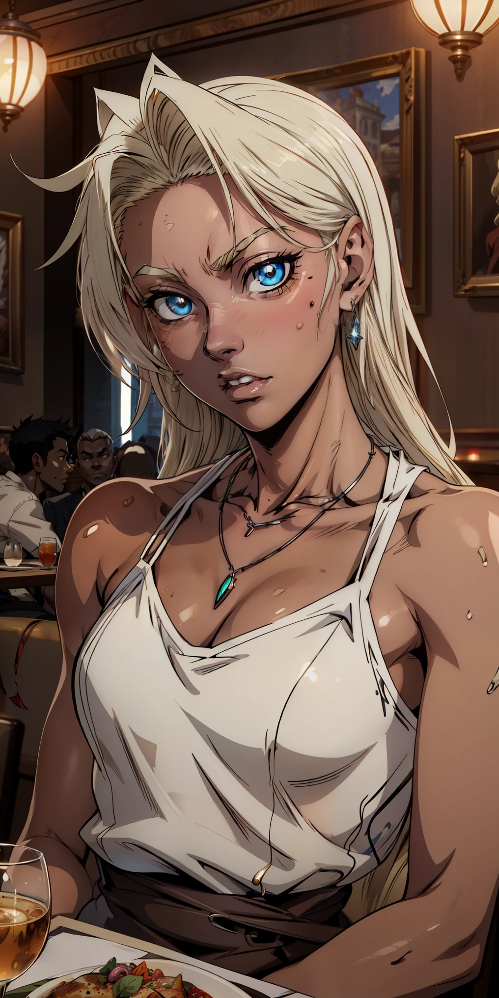 Anime style, Painting, absurderes、perfect anatomia、integra, integra hellsin, necklace, jewelry, restaurant scene, Masterpiece, RAW Photography, 8k, Top Quality, Fine Pore, Photorealistic, Ultra Detailed, (high skin detail:1.2),Extremely detailed,Intricate, sharp-focus, tanned skin, flat chest